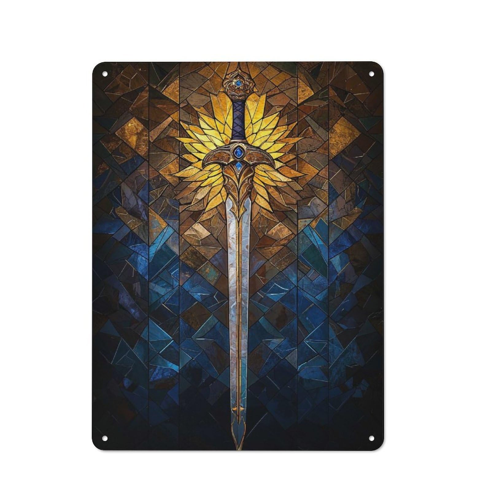 Junmoney Golden Sword Stained Glass Classic Decorative Tin Plaque 40X30cm Featuring Novelty Wall Art For Home, Shop, Pub Or Studio Wall