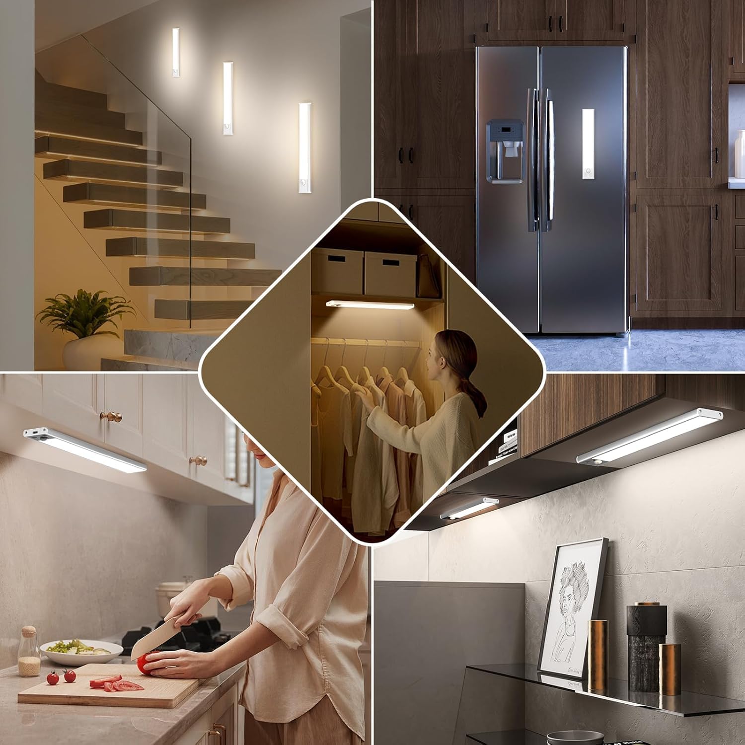 Luces para debajo del gabinete de 10 pulgadas, luces de sensor de movimiento recargables de 2200 mAh para interiores, luces inalámbricas regulables para armario, luces nocturnas magnéticas para debajo