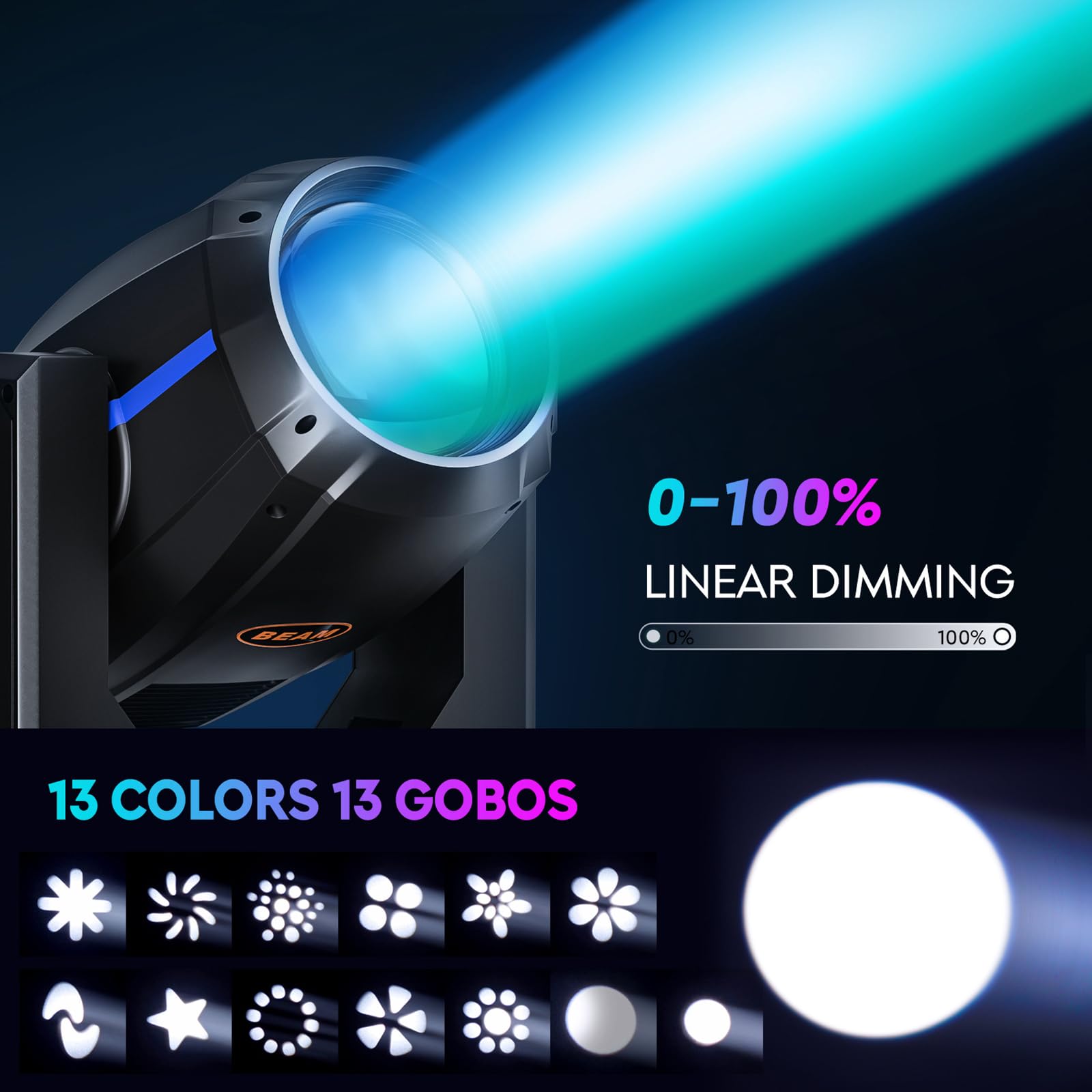 Luce a testa mobile con prismi a 16 sfaccettature, 13 Gobos, 14 colori RGBW, LED di messa a fuoco lineare, DMX 512 e attivazione sonora per eventi DJ, matrimoni, feste