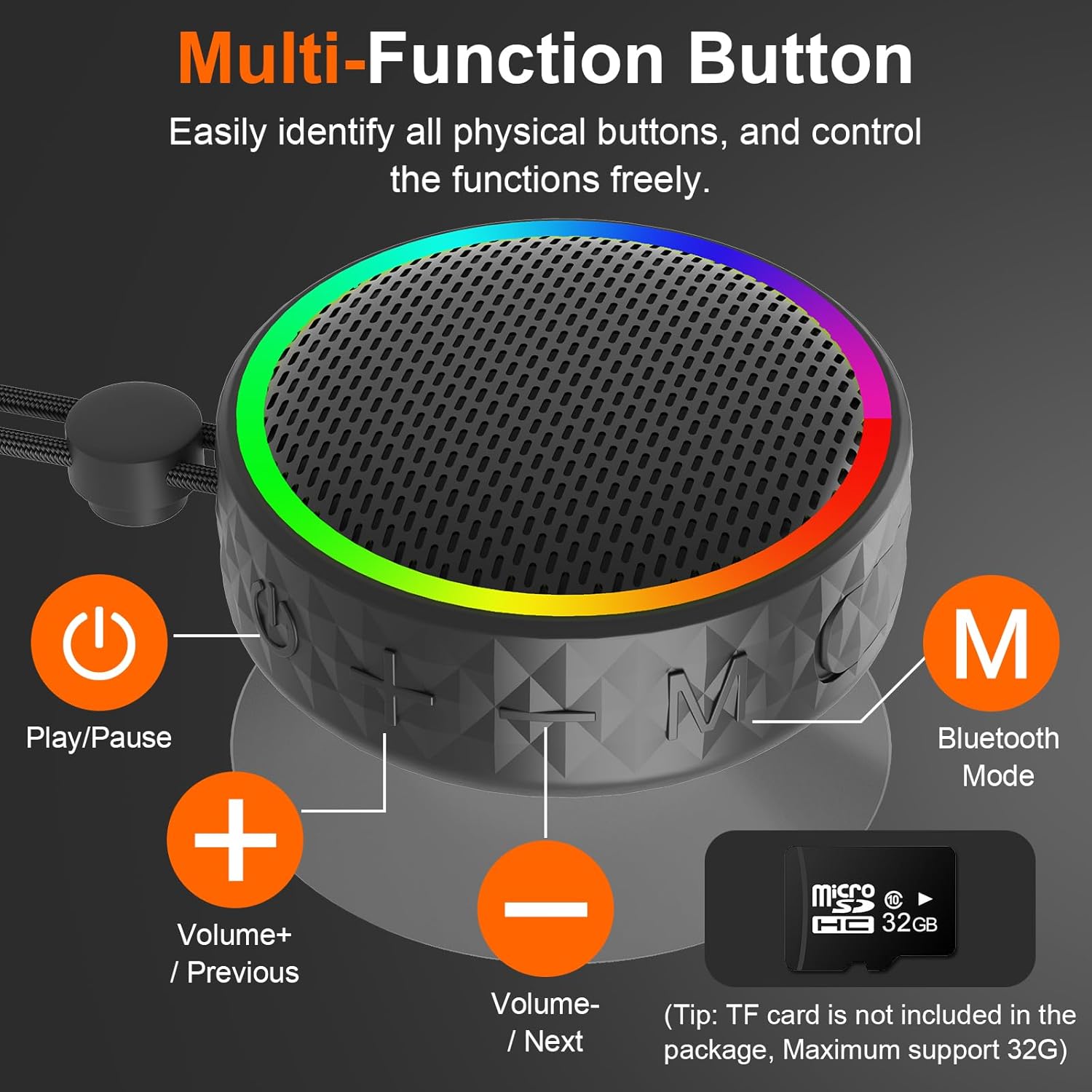 Bluetooth Shower Speaker, Portable Wireless Speaker Suction Cup, Bluetooth Speaker with RGB Lights, 360° HD Sound Sound Support TF Card Shower Radio for Outdoor/Travel/Gifts/Gym (Black) - Image 2