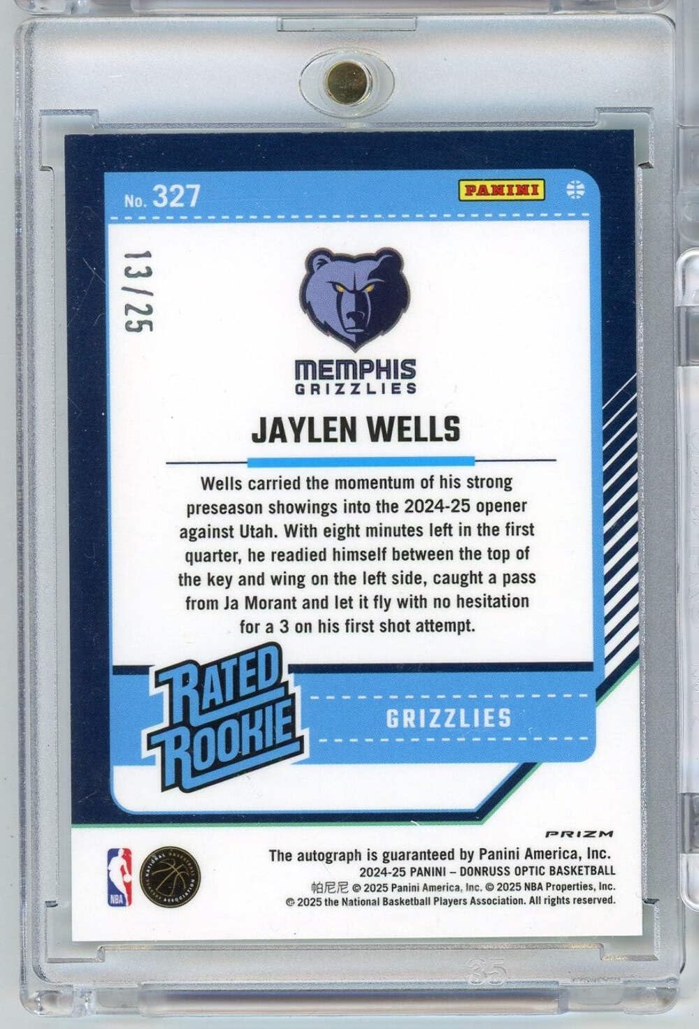 2024 Donruss Optic Jaylen Wells #327/25 Green Scope Auto Rookie RC Basketball Card