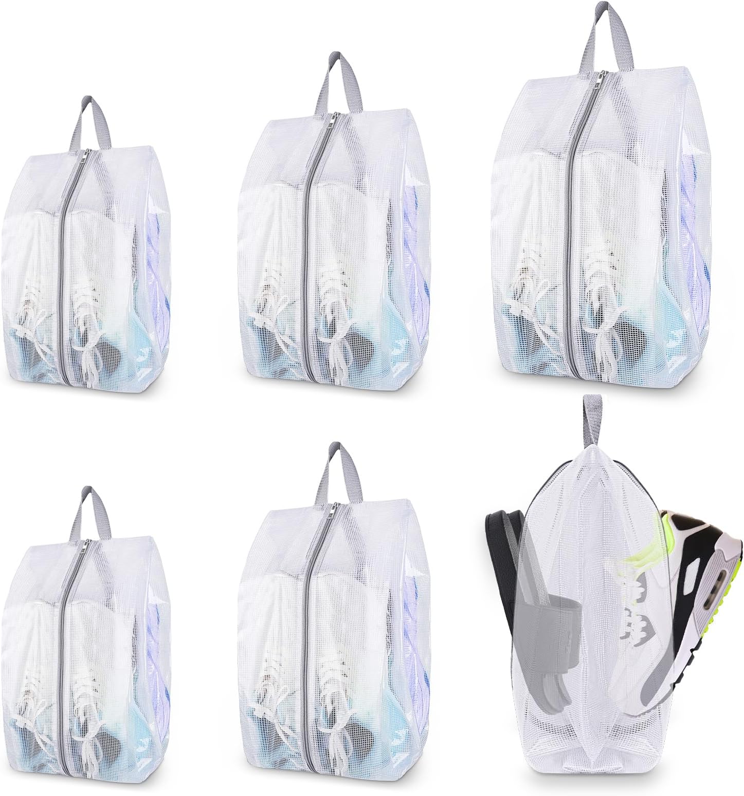 SelfTek Shoe Bags for Travel, 6 Pack 3 Size Double-Sided Zipper Shoe Bag for Men & Women, Waterproof Portable Shoe Storage Pouch with Handle, Family Travel Accessories
