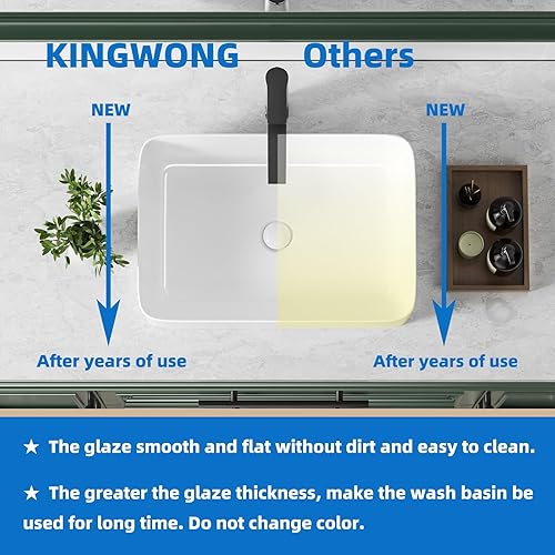 Miniatura 70 de KINGWONG Fregadero de encimera de 24 pulgadas para baño, lavabos de baño rectangulares modernos, poco profundos, de porcelana de cerámica blanca