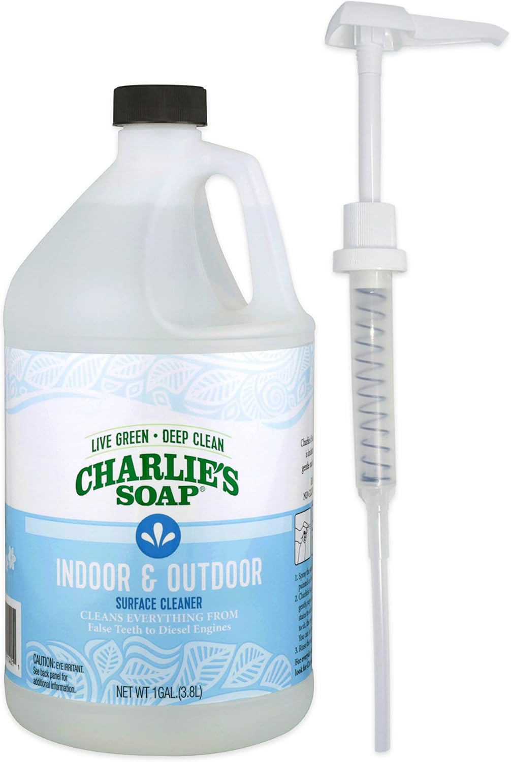 Charlie's Soap Indoor-Outdoor Surface Cleaner with Pump (1 Gallon, 1 Pack) - Hypoallergenic, Biodegradable, Multi-Surface Use