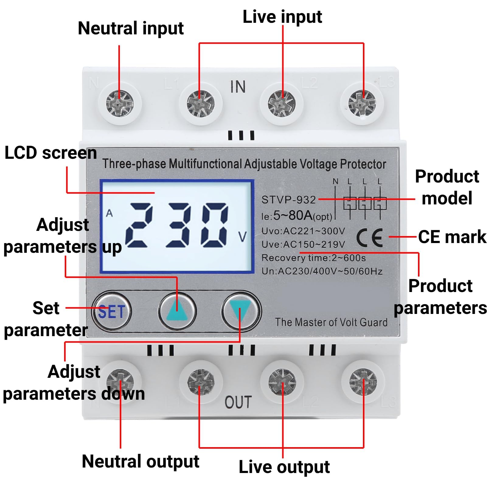 Protezione di Tensione Regolabile LCD Trifase Multifunzione Ripristino Automatico 230 V/400 V CA Protezione da Sovratensione Sottotensione Dispositivo di Protezione Della Tensione(63A)