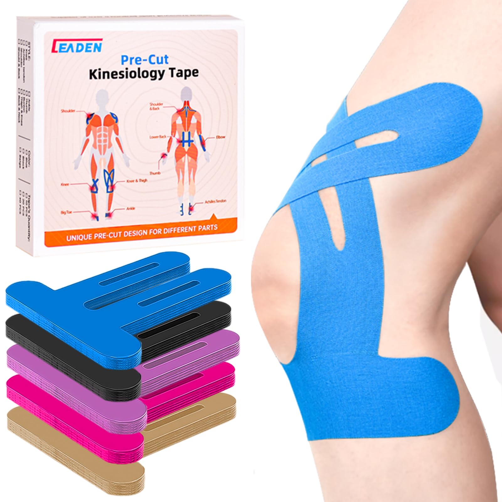 Precut Kinesiology Tape for Knees, 10 Pcs - Knee Support &amp; Stability, Knee Pain Relief Athletic Tape - Waterproof &amp; Elastic, Hypoallergenic Latex-Free Tape, Blue