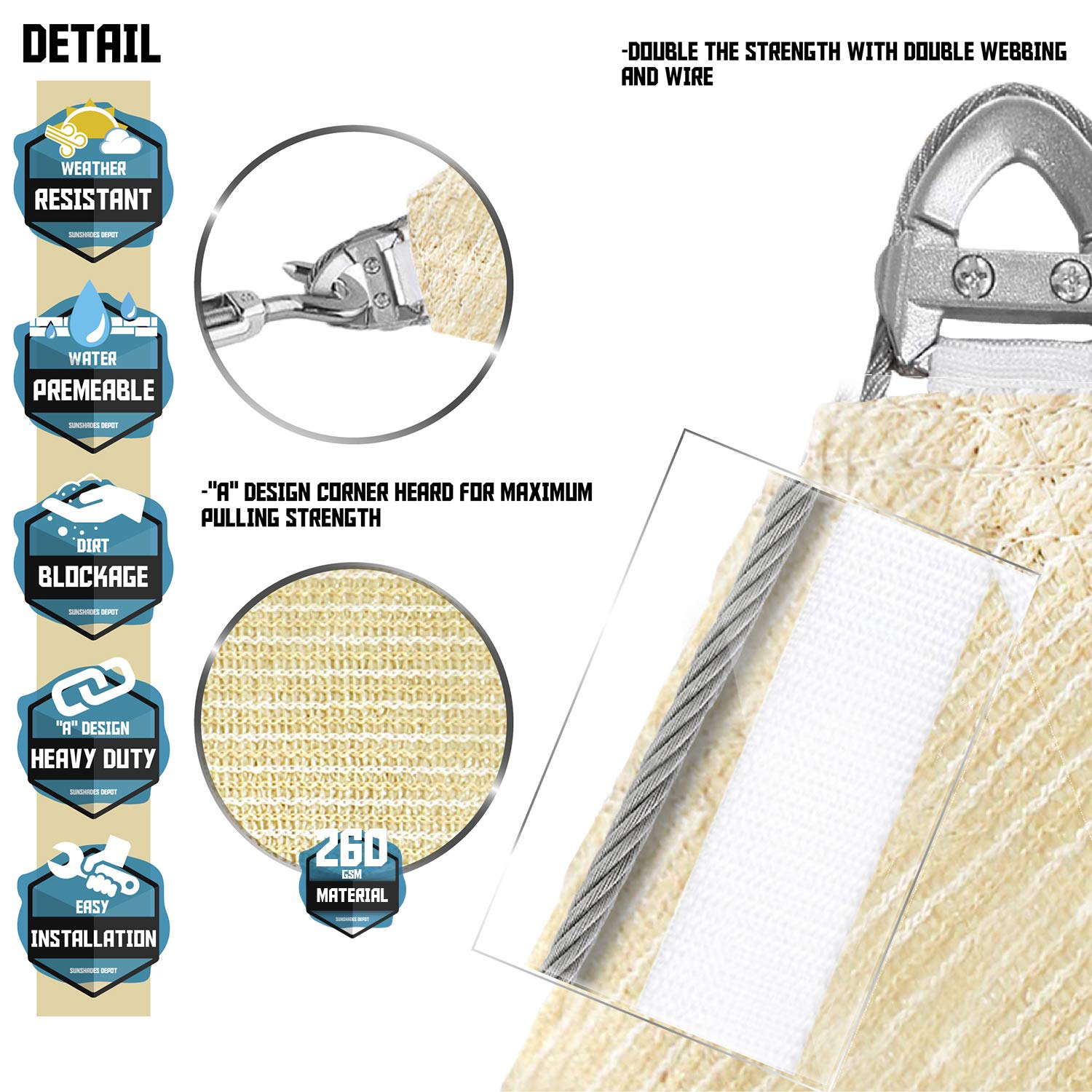 TANG Sunshades Depot A Ring Design Steel Cable Wire Reinforcement 15' x 35' x 38' Right Triangle Sun Shade Sails Beige Heavy Duty Permeable 260GSM U*V Block Patio Garden Deck Dock Outdoor Facility