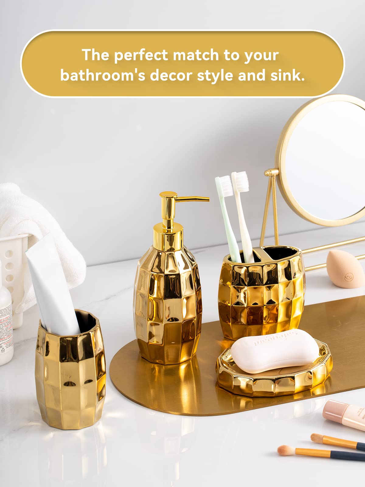 Juego de Accesorios de baño, Juego de Accesorios de baño de cerámica con Mosaico Dorado Que Incluye dispensador de loción, Vaso para Cepillo de Dientes y jabonera