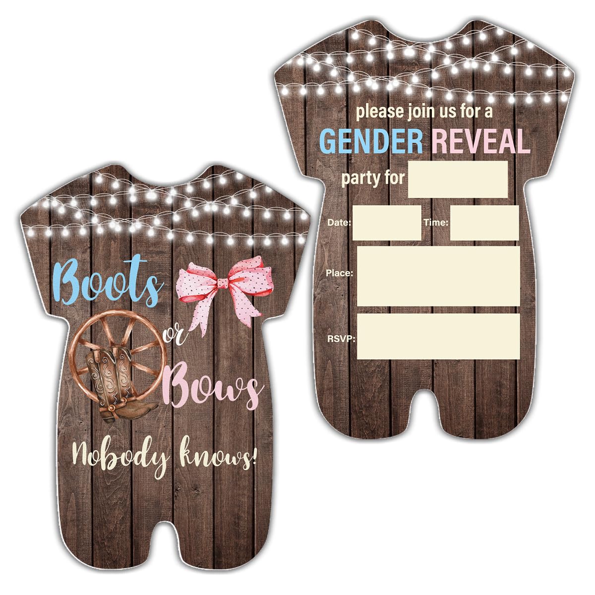 RNYJJ Boots or Bows Gender Reveal Invitations With Envelopes (20 Count), Rustic Western Gender Reveal Party Fill in Invites Cards, Double Sided Design