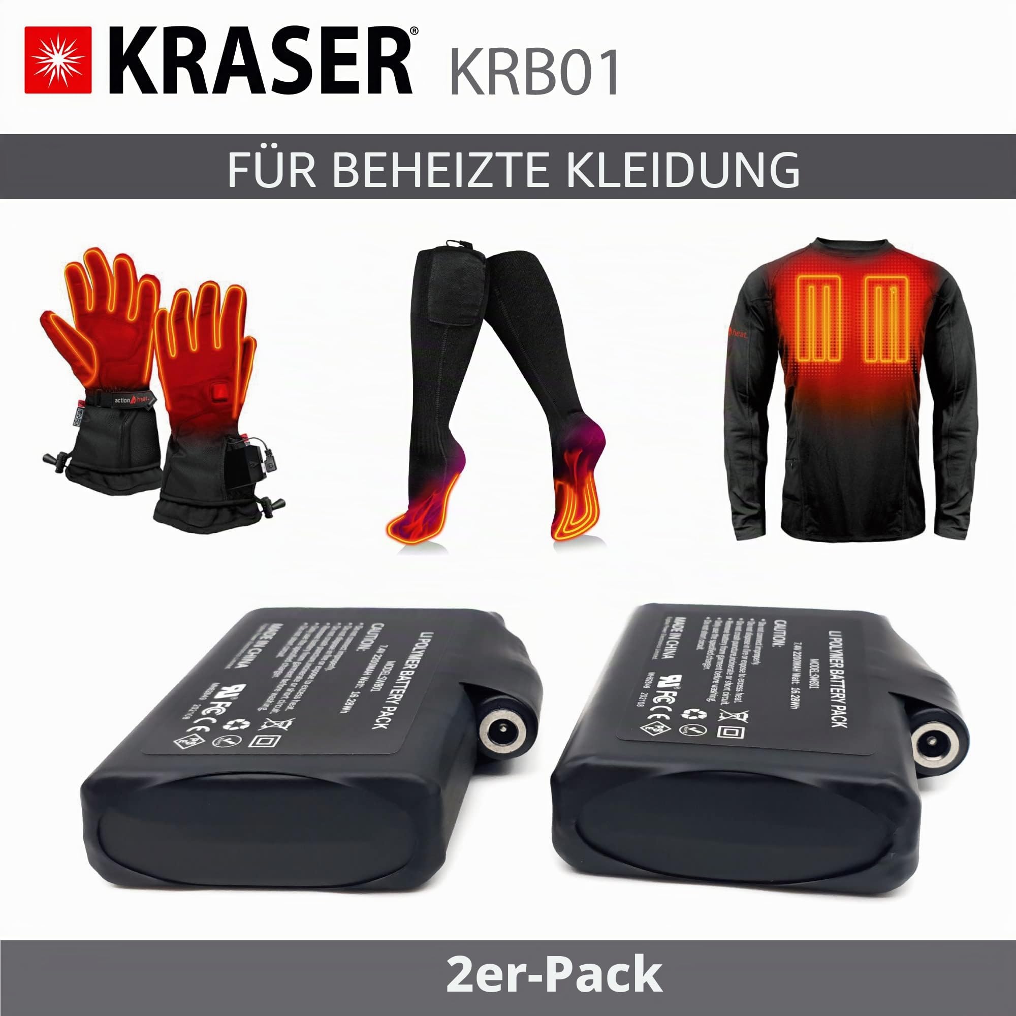 KRASER KRB01 Pack 2 Akkus für beheizte Handschuhe Bekleidung Elektrosocken, Lithium Polymer Ersatzakku, Buchse 7,4 Volt 2200mAh Lithium-Ionen Polymer