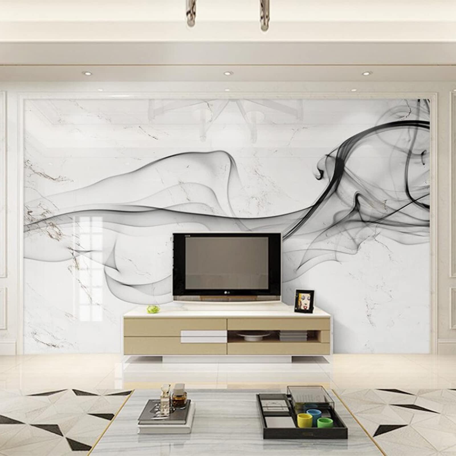 Papier peint panoramique 3D effet marbre et encre de Chine pour salon en 250x175 cm