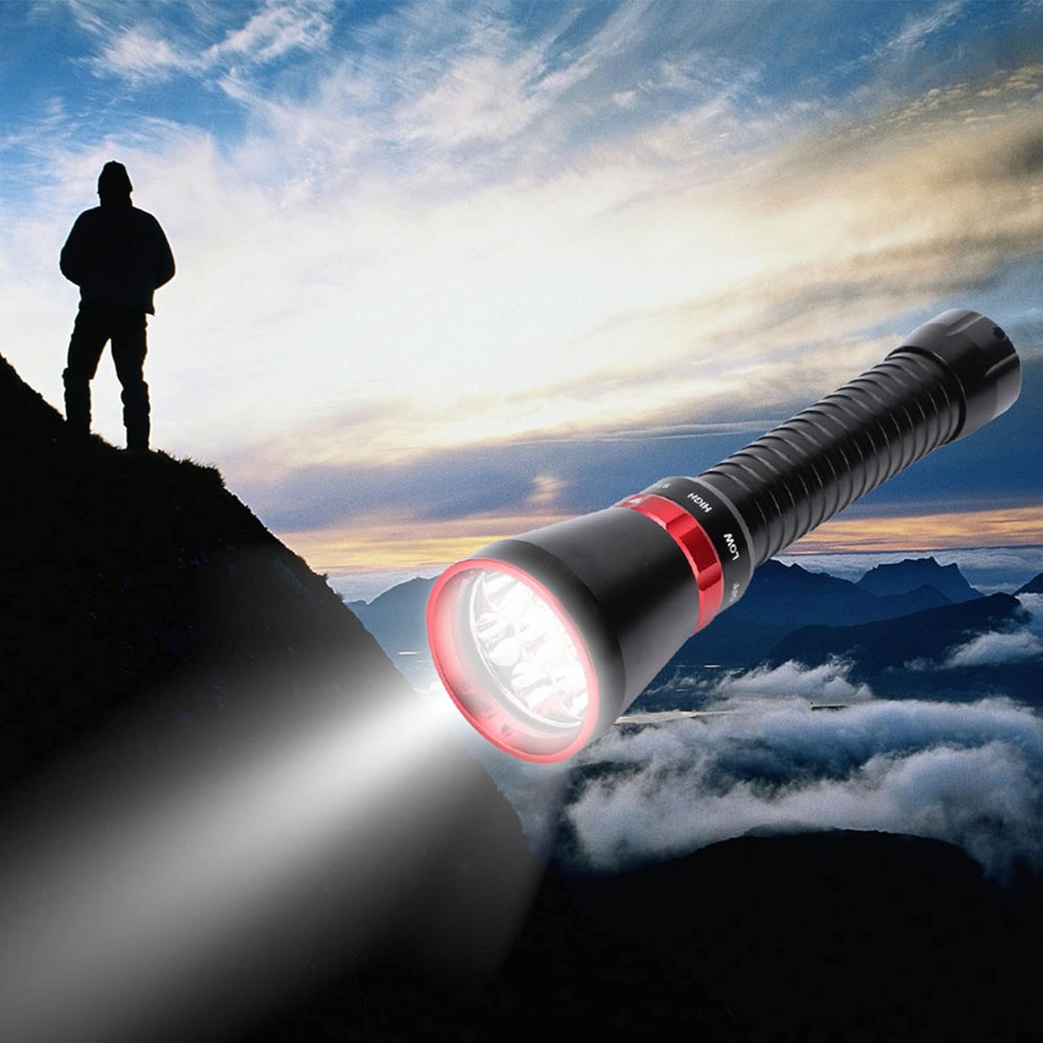 Underwater Flashlight Diving Light, LED Diving Flashlight with Magnetically Controlled Rotation, 18000LM High Brightness Dive Lamp for Swimming, Fishing, Underwater, Household