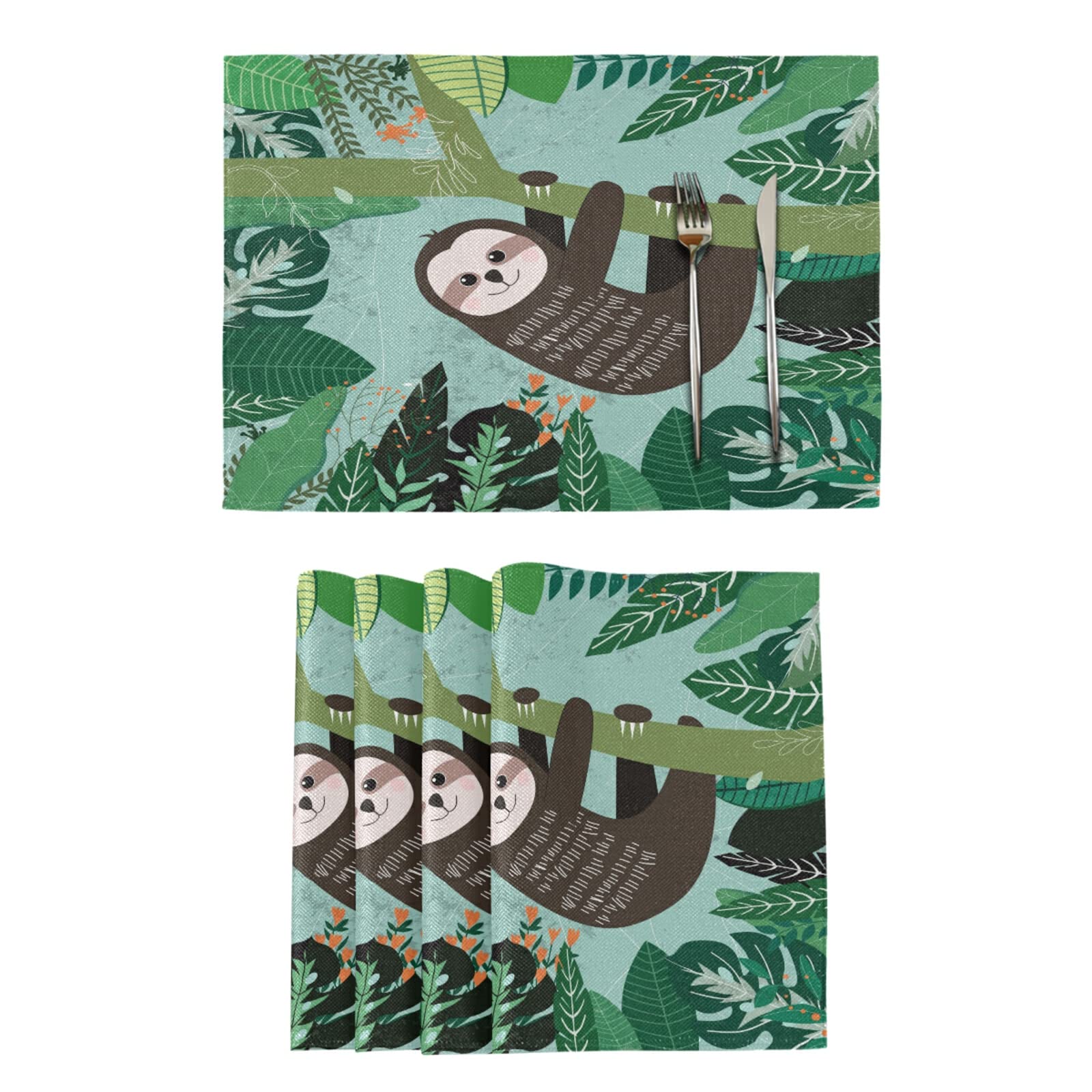 JUAMA Place Mats Tropical Green Leave and Sloth Placemats Non Slip Washable Double-Sided Use [Set of 4, 12x18 Inch] for Kitchen Farmhouse Table Lunching Dining Heat-Resistant Insulation Pads