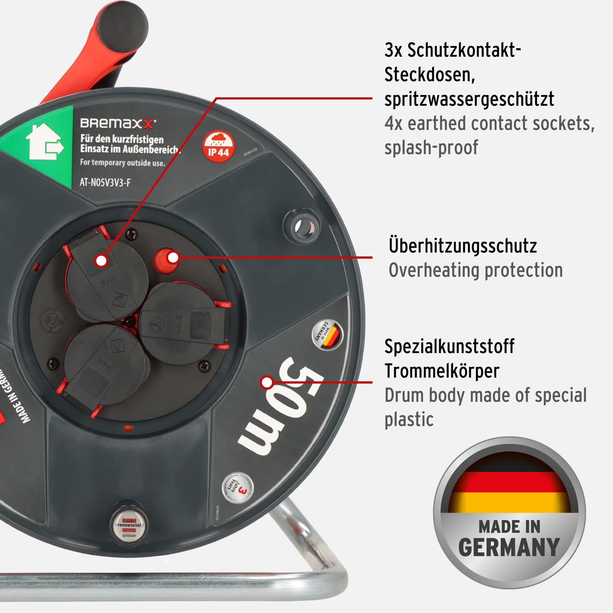 Brennenstuhl Kabeltrommel SPAR-SET 50m outdoor Garant V2 (Made in Germany, IP44) + Brennenstuhl BREMAXX Verlängerungskabel 10m (Made in Germany, IP44, einsetzbar bis -35 °C, öl- und UV-beständig)