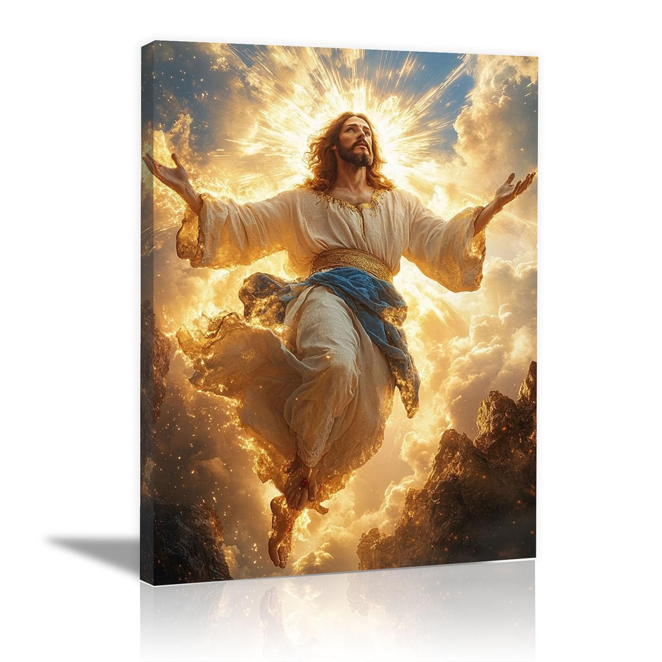 QUSAAOU Christian murals Jesus Christ with Animals Jesus canvas murals Canvas Wall Decor，Suitable for office,living room,bedroom and church decoration(sun gold)-70x100cm Framed
