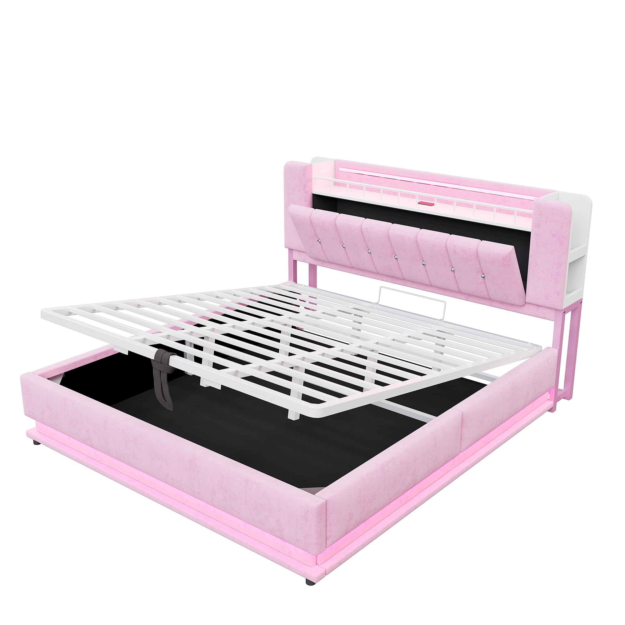 Kebnor Elegante letto imbottito con illuminazione a LED, vano portaoggetti USB e idraulico, rivestimento in velluto morbido e struttura in metallo (rosa, 180 x 200 cm)