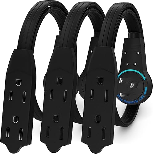 Maximm Cable de extensión de enchufe plano giratorio de 360° de 1 pie, cable de extensión de 16 AWG de 3 salidas, cable de conexión a tierra de 3