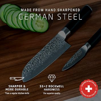 Swiss Diamond Chef Knife Set, German Steel With ABS Handle, Half Tang Handle, Hammered Blade Chef Knives Professional Grade, 55+2 Rockwell Hardness, 5 Piece Set
