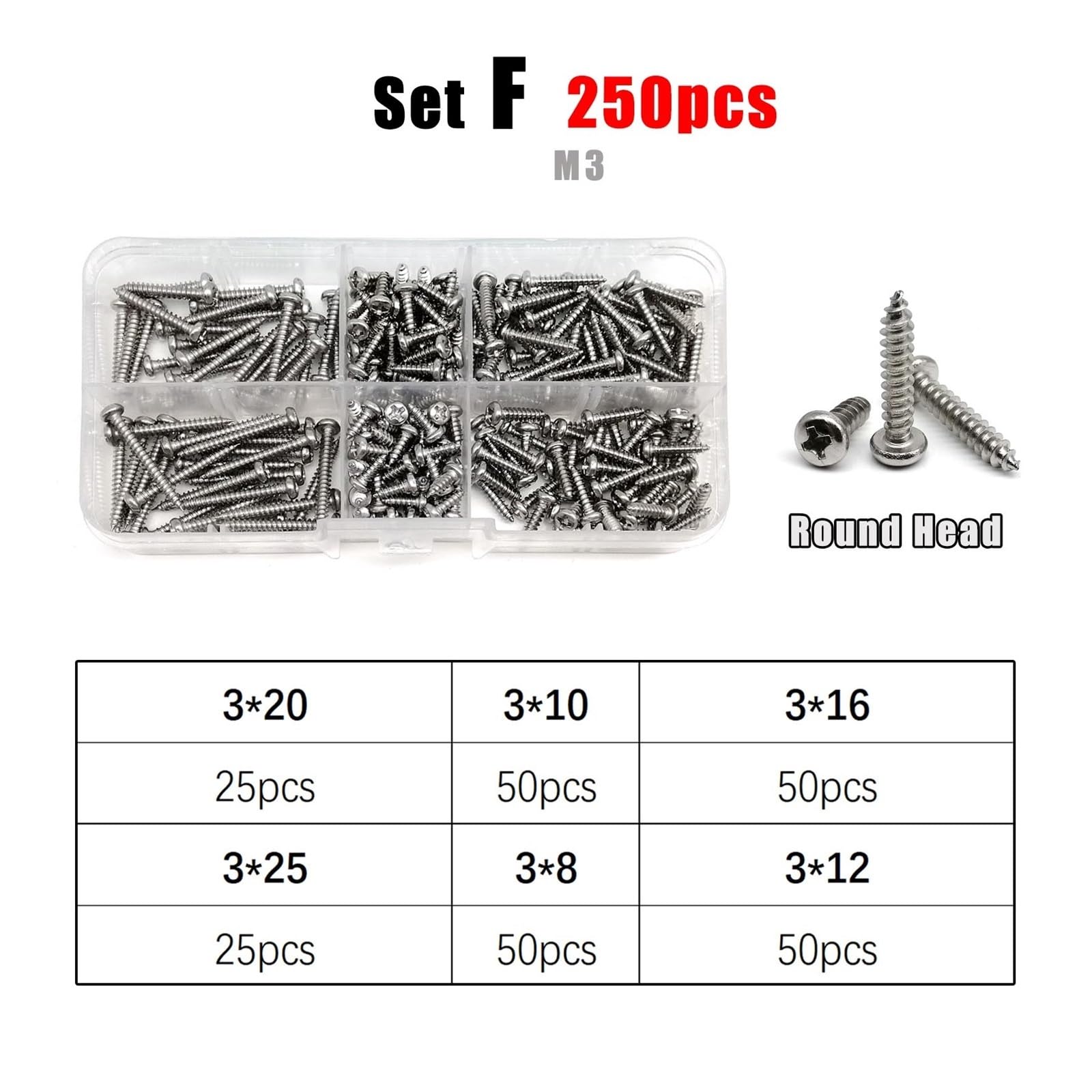 Kit D'assortiment De Vis À Bois Autotaraudeuses M1.2 M1.4 M1.7 M2 M3 M4, Tête Cylindrique Phillips En Acier Inoxydable 304 A2 Avec Boîte De Rangement(Set F M3 250pcs)