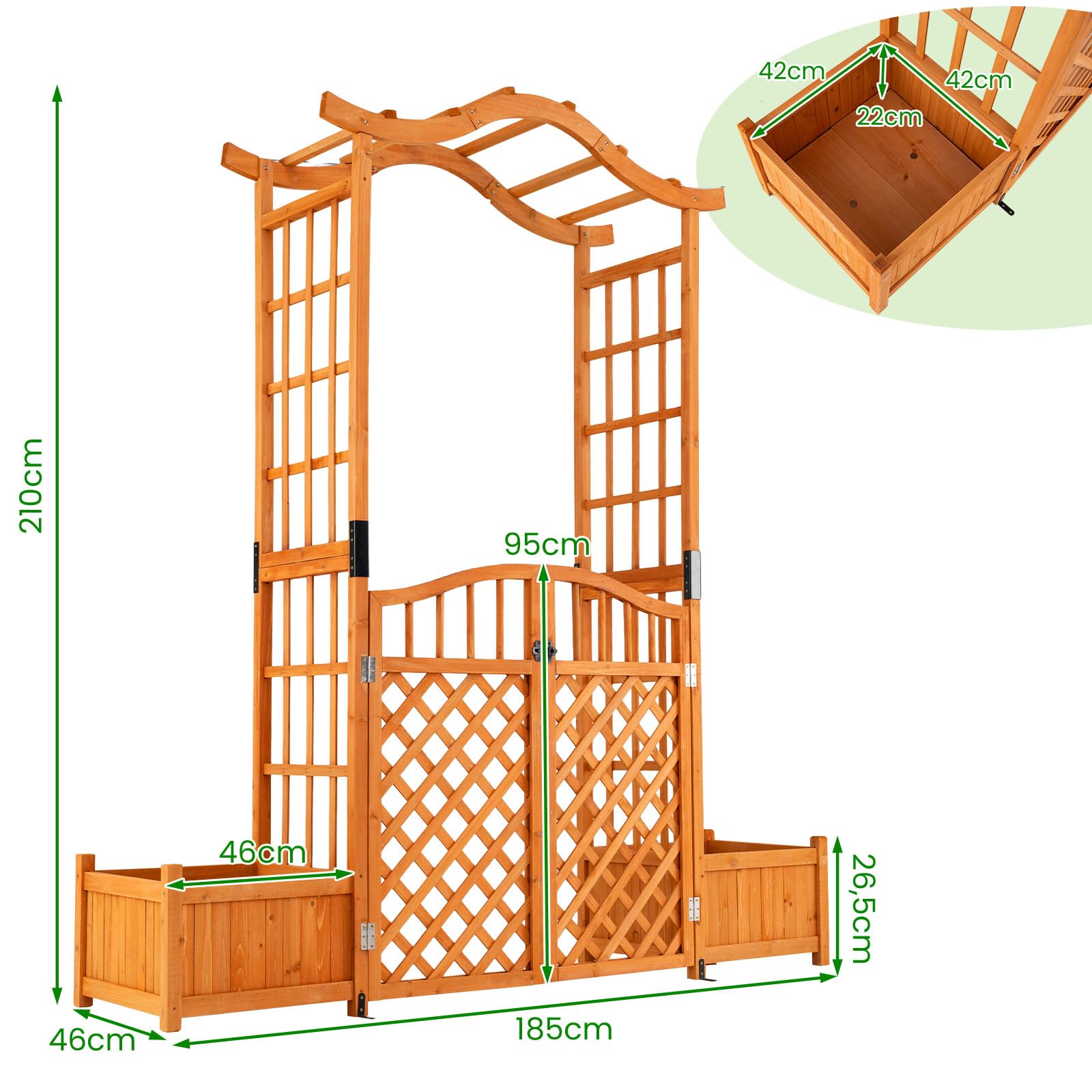 GYMAX Arco da Giardino Pergolato con Fioriere, Letto Orto Rialzato con Traliccio per Rampicanti e Cancello con Serratura, Decorazione da Esterno per Matrimonio e Cerimonia, 185 x 46 x 210 cm