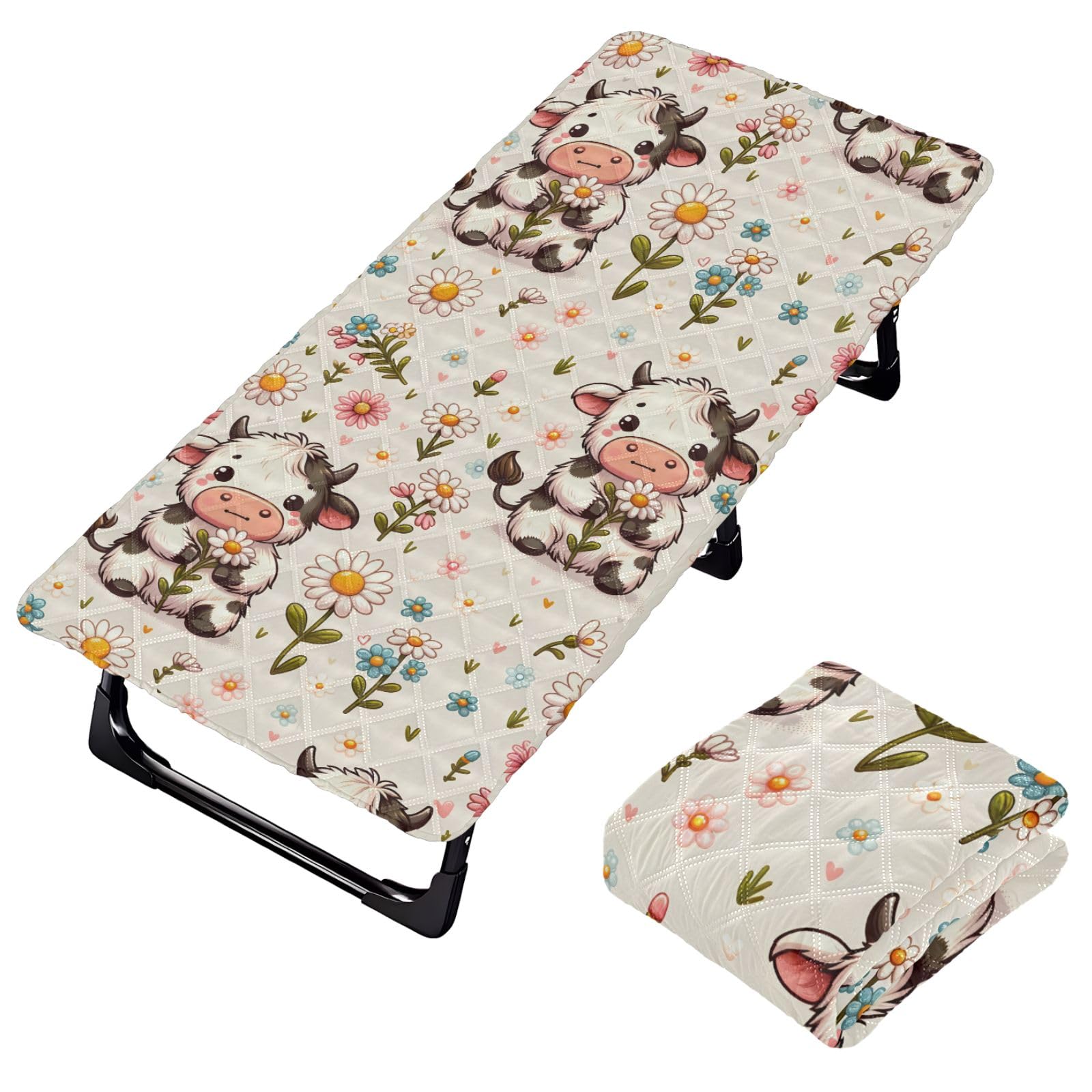 Portable Toddler Bed Sheet for Kids Cute Little Cow and Daisy Flower Travel Bed Fitted Sheet