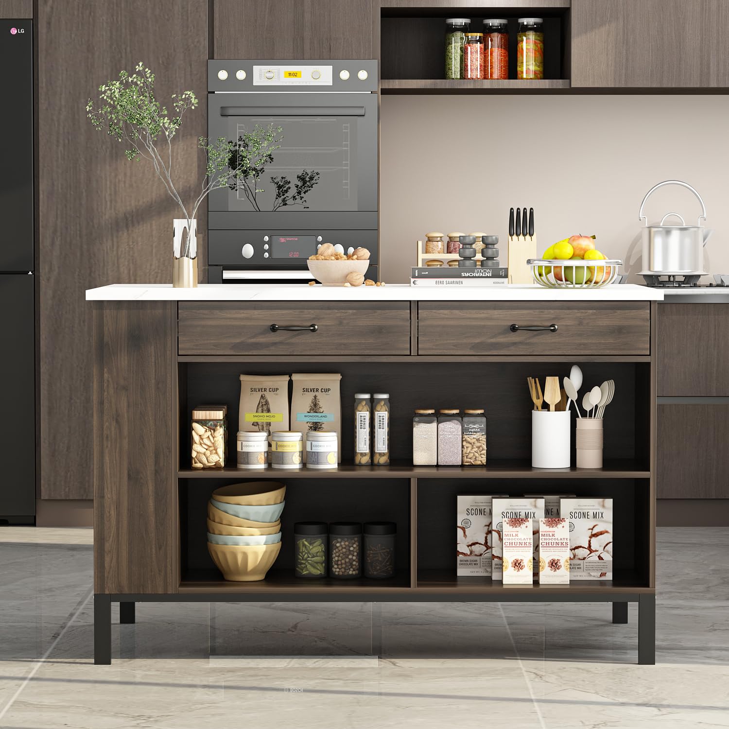 Isola da cucina marmorizzata - mobile 2 cassetti, tavolo da colazione, bar e ripiani MDF 75x140x92 cm