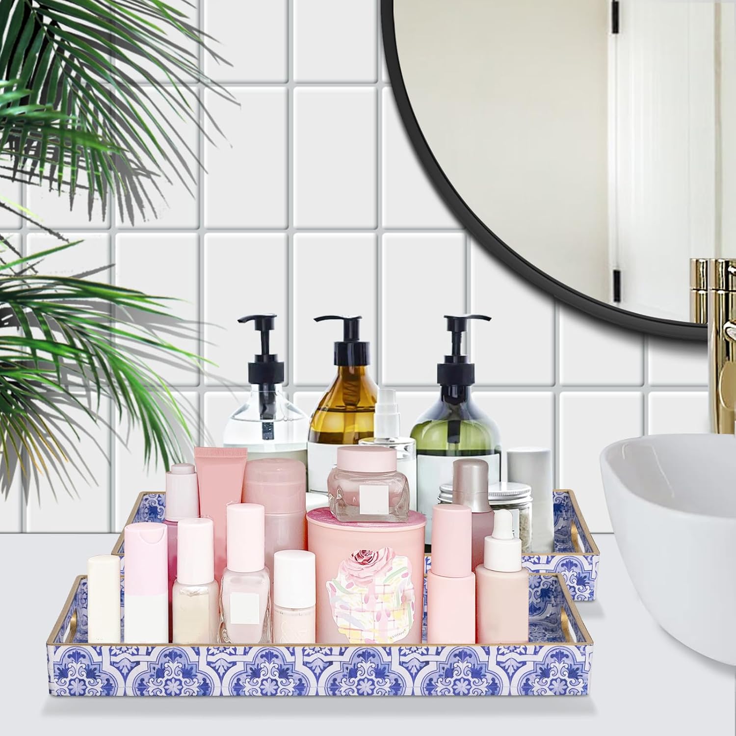 MAONAME Blue Vanity Tray Set of 2, Plastic Decorative Trays with Handles, Small Moroccan Bathroom Trays for Toilet Tank, Dresser Counter, 13.8" X 6" X 1.57"