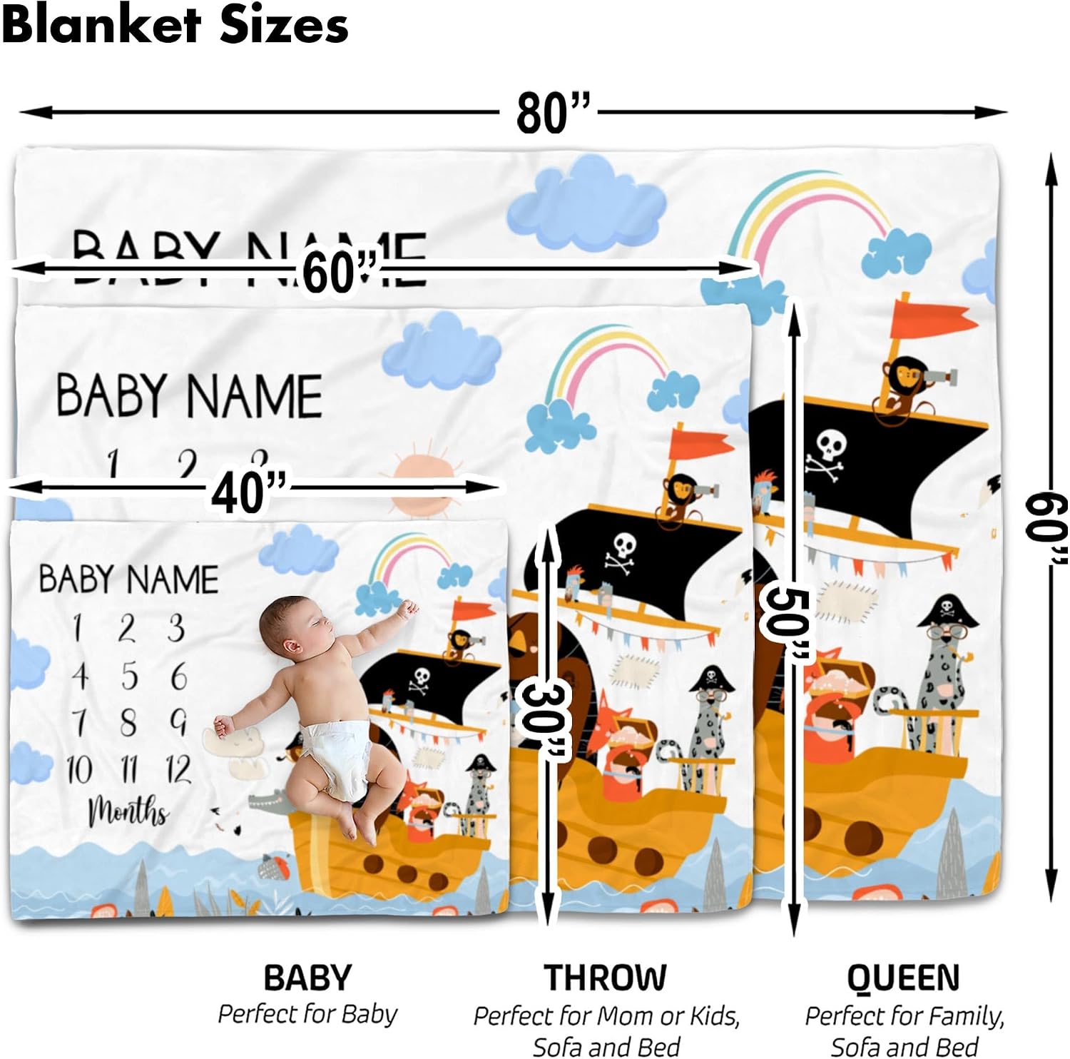Personalized Pirate Adventure Baby Blanket, Custom Name Nautical Monthly Growth Tracker, Ocean Animal Milestone Fleece Throw, Ship & Treasure Nursery Decor