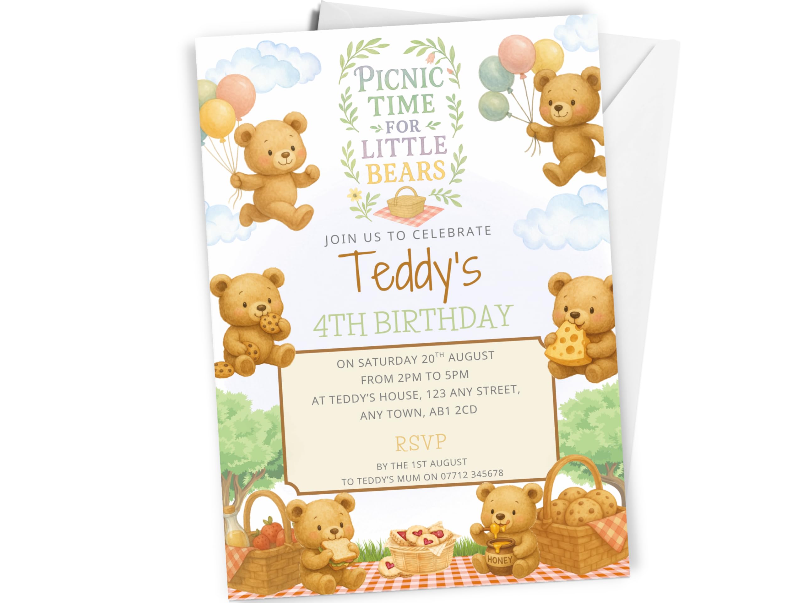 Love To Cherish 10 x Personalised Teddy Bears Picnic Party Birthday Invitations with envelopes, Teddies Party Birthday Invites, Girls or Boys Themed Invites