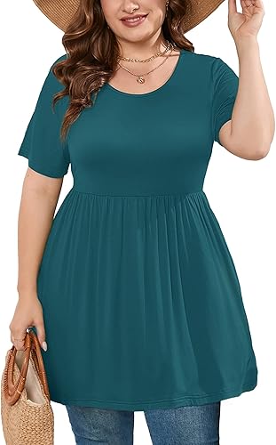 AusLook Camiseta tipo túnica de manga corta para mujer, cuello redondo, plisada, holgada, talla L-5X