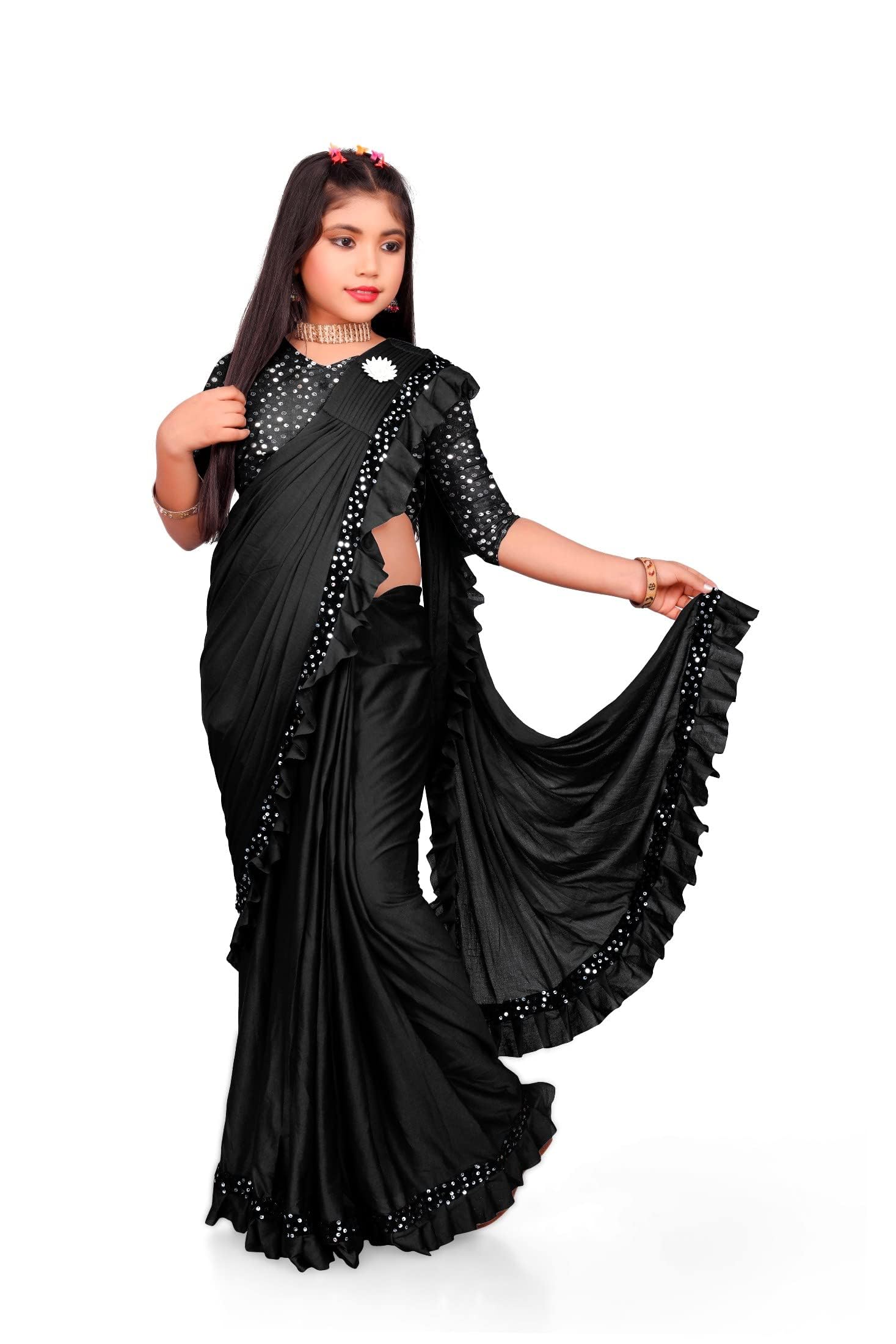 NILKANTHVARNI CREATION Kids Girls Lycra Blend Ready to Wear Saree With Sequence Blouse Piece (5-6 to 7-8 yrs) (Black)-image-41