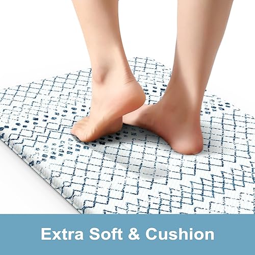 Miniatura 3 de Tapetes de cocina geométricos antifatiga, impermeables, antideslizantes, acolchados, azules, ergonómicos, cómodos, de espuma viscoelástica,