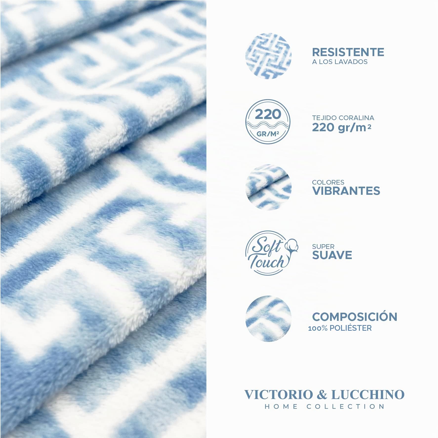 Victorio & Lucchino Juego de sábanas Coralina, térmica para Invierno, Tacto Suave - Modelo Marta (Celeste Embozo Blanco, 150 Cm)