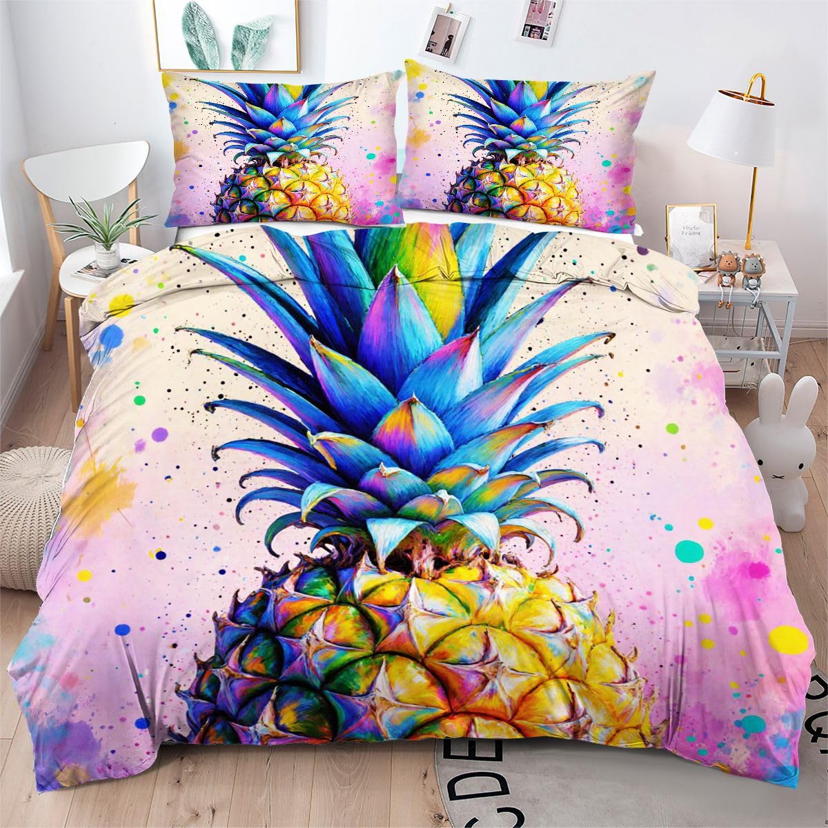 Komplet pościeli 220x240 cm kolorowy ananas łatwy w pielęgnacji zestaw pościeli z zamkiem błyskawicznym, zestaw poszewek na kołdrę z nadrukiem 3D do pieluchy wystrój sypialni