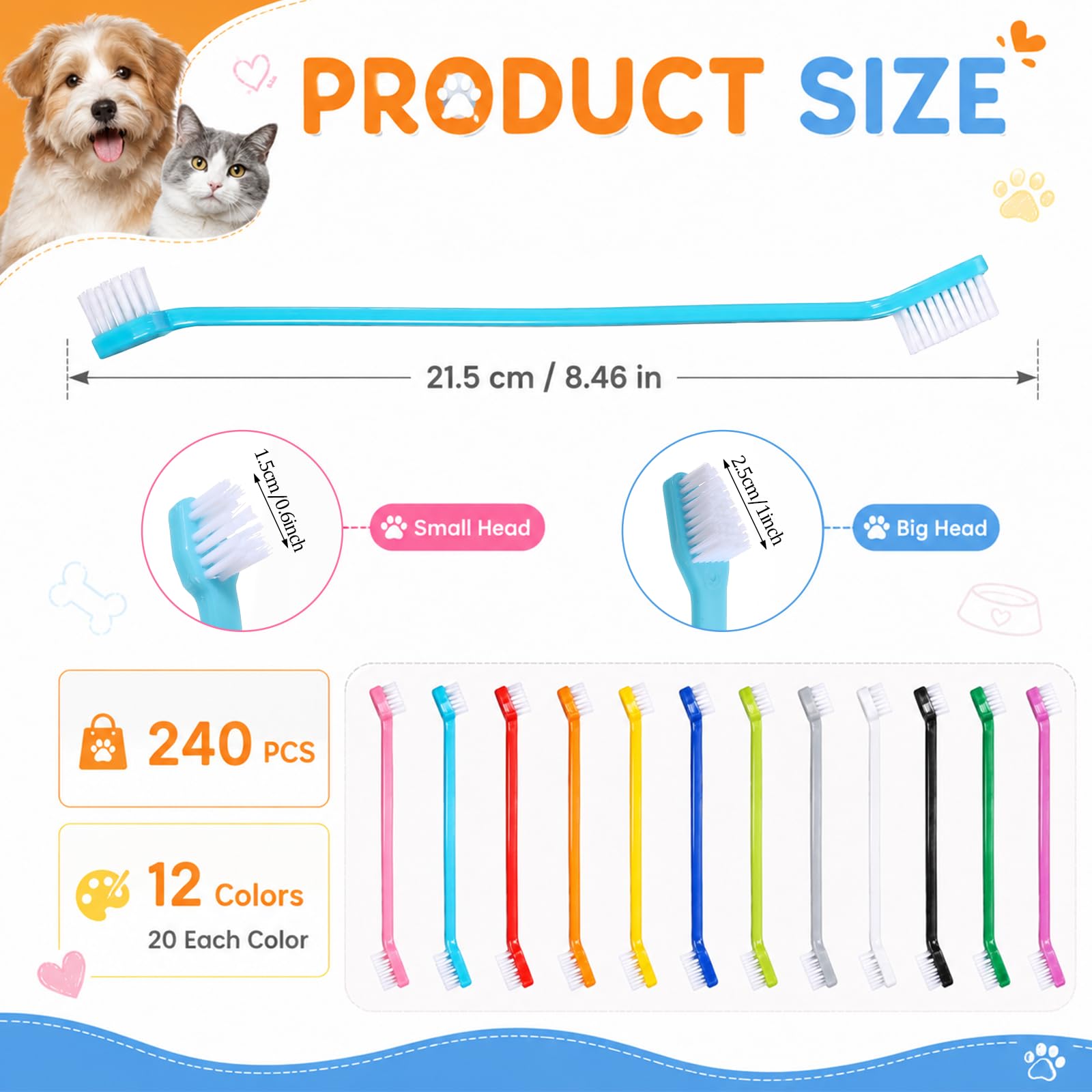 Spazzolino da denti per cani a doppia testa, kit di spazzolatura a doppia testa, kit di spazzolatura per cani con manico lungo, per cani grandi e piccoli, gatti per la maggior parte degli animali
