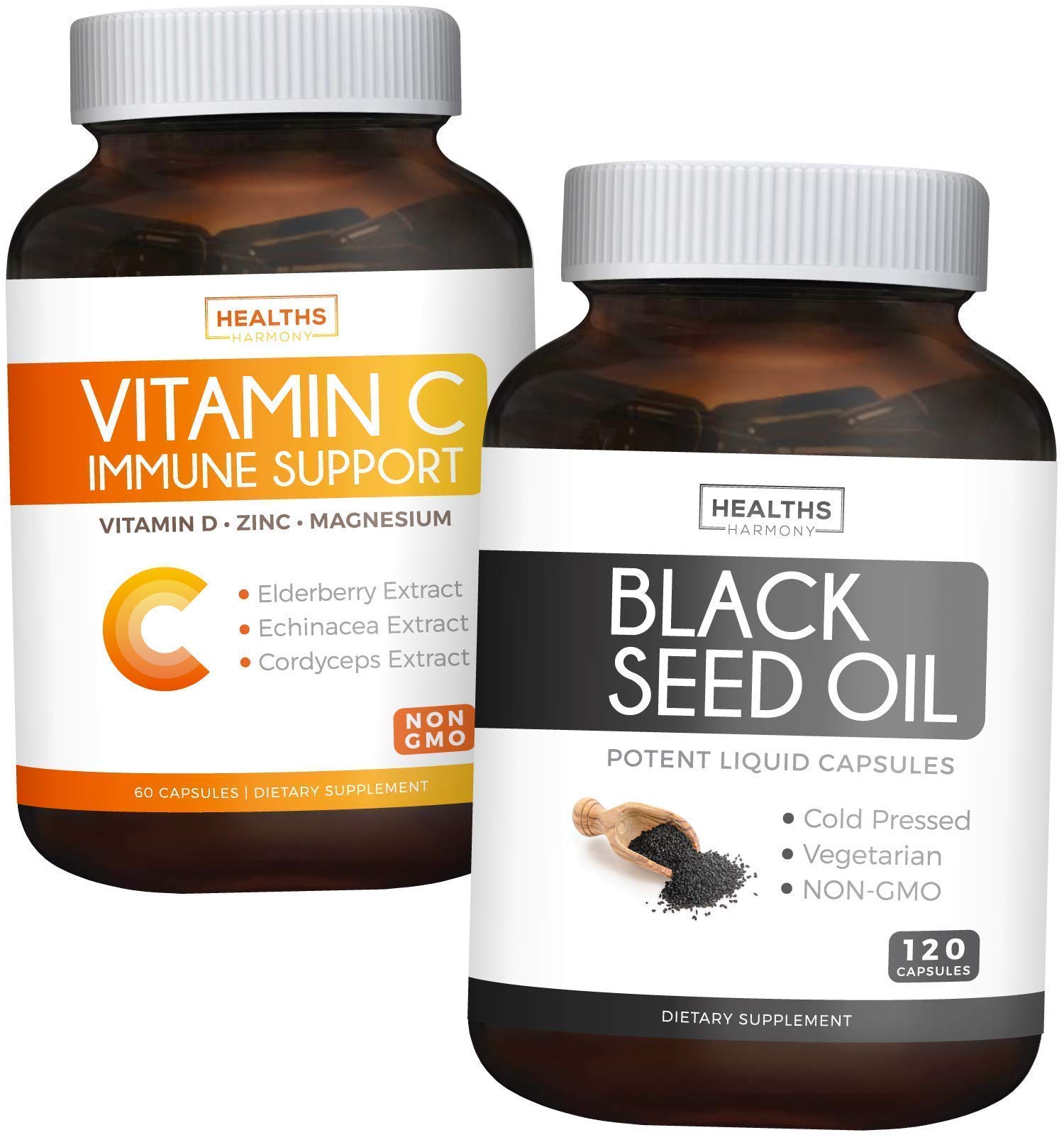 Black Seed & Vitamin C (2-Month Supply) Complete Defense Immune Bundle of Black Seed Oil - Nigellia Sativa Cold-Pressed Cumin Seed (120 Capules) & Vitamin C Immune Support (60 Vegetarian Tablets)