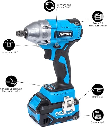 Miniatura 16 de NEIKO Amoladora angular inalámbrica 10881A, amoladora de 4 1/2 pulgadas con velocidad variable, batería recargable de iones de litio de 20 V 4.0 A