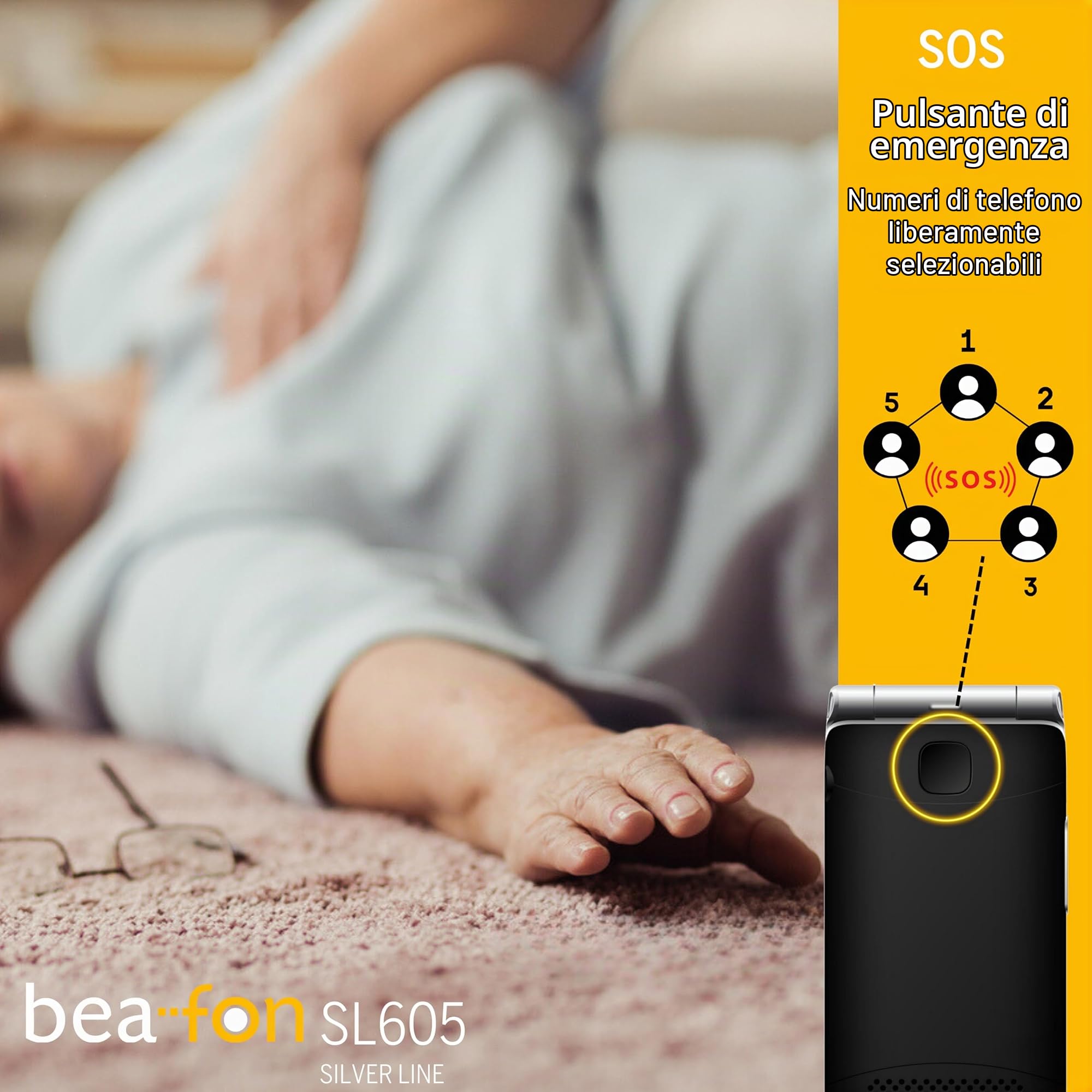 Beafon, Silverline SL605, telefono cellulare pieghevole per anziani con pulsante di emergenza SOS per chiamata di emergenza, display interno a colori 2,4 cm/1,44" segnale luminoso IP54
