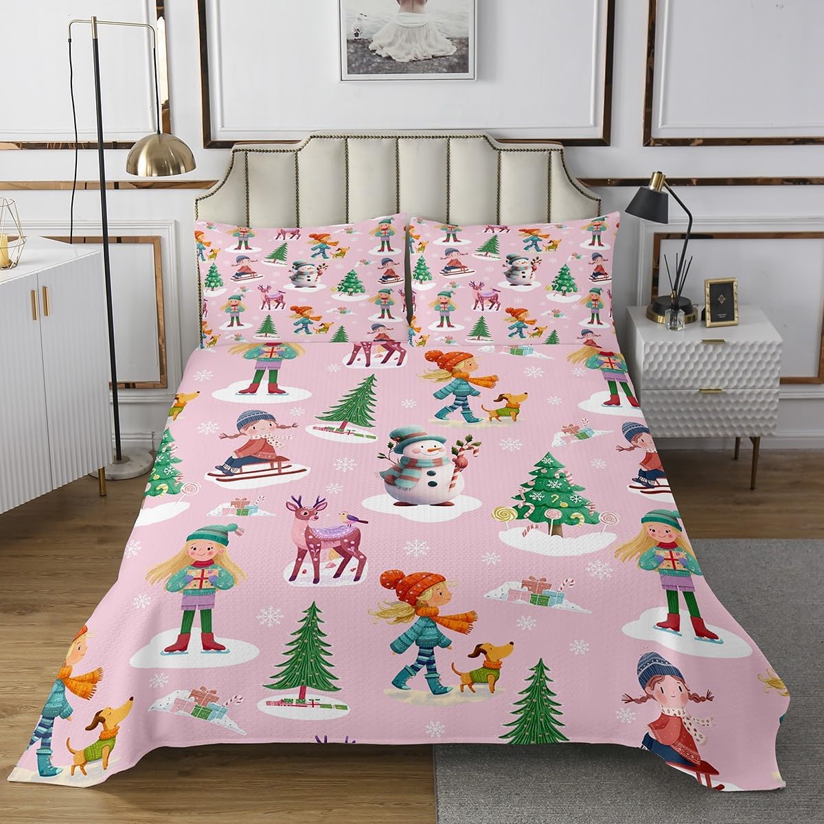 jejeloiu Pink Christmas Bedspread Quilts Xmas Tree Snowman Coverlet Set King Size for Kids Boys Girls Elk Dog Quilted Coverlet for All Season with 2 Pillowcases Microfiber