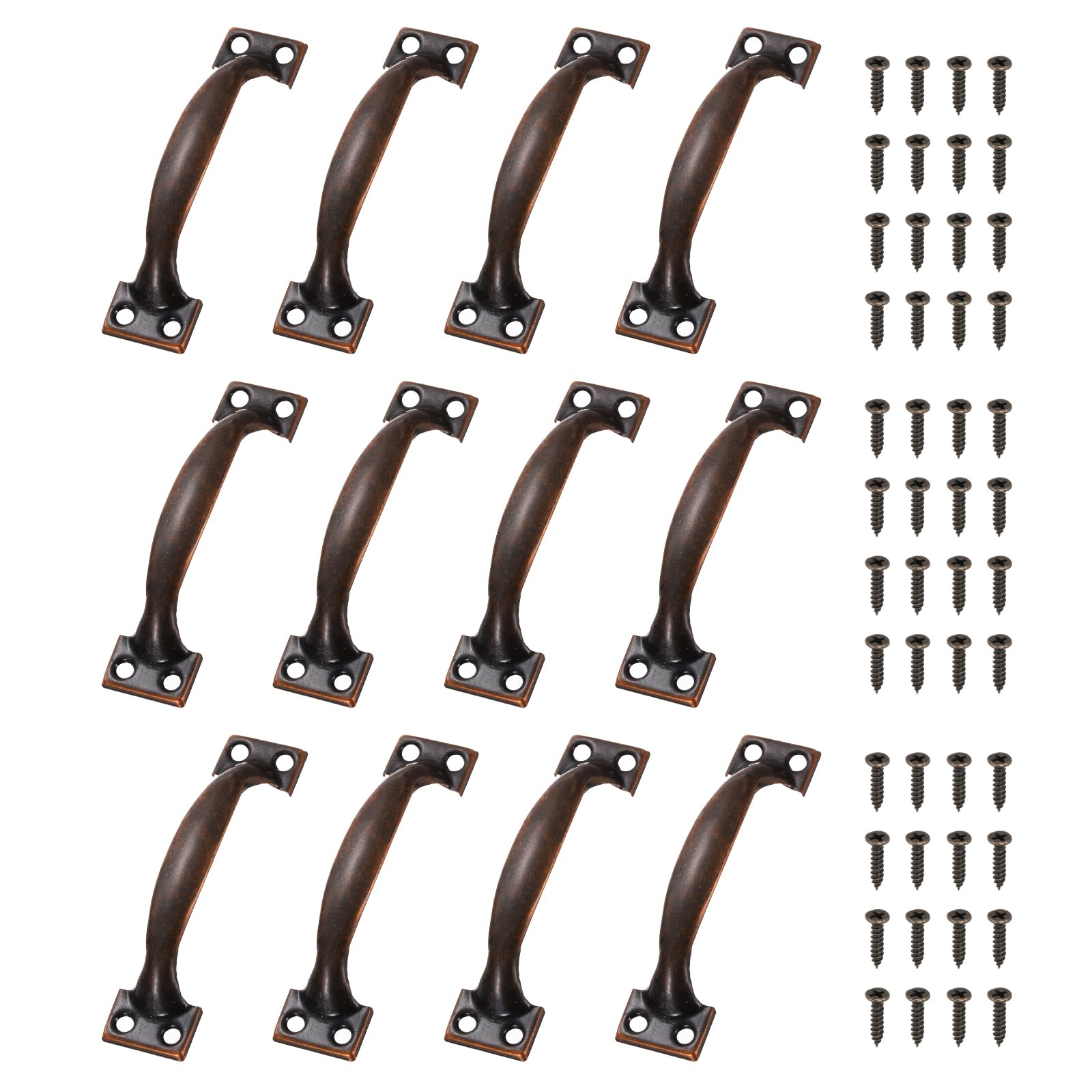 sourcing map 12 Pcs Door Handles, 98mm/3.9-inch Hardware Handle Pull with Screw Vintage Drawer Pulls Metal Curved Gate Handles for Furniture Cupboard Dresser Drawer Wardrobe, Red Bronze