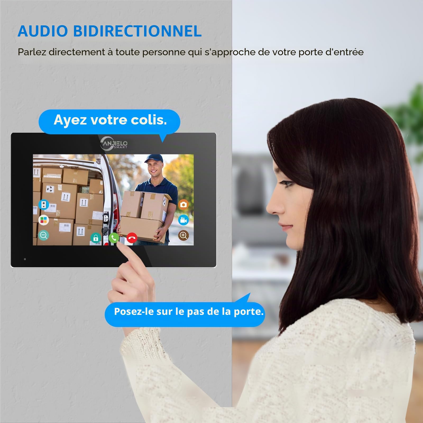 ANJIELO SMART TUYA Interphone vidéo (filaire), sonnette vidéo 1080p avec écran tactile de 7", prise en charge de la détection de mouvement, plusieurs méthodes de déverrouillage (1)