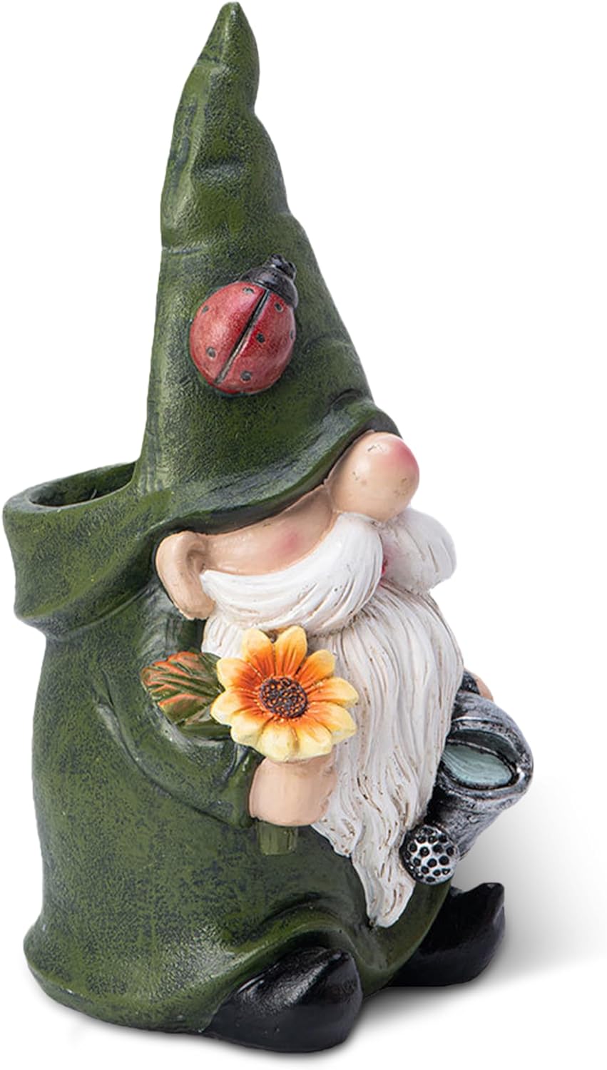Gnome Planter Pot - Gnome Resin Pot with Glowing Ladybug Cute Flower and Succulent Pots for Indoor Outdoor Plants Home Farmhouse Garden Spring Summer Tabletop Statue Decoration (Green Cloth)