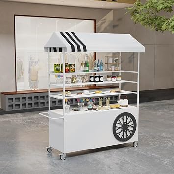 Portable Cart with Striped Canopy,Strong Load-Bearing Capacity, Multi-Layered Large-Capacity Storage,for Street Food, Handicrafts, SnacksWhite,120cm/47.2in