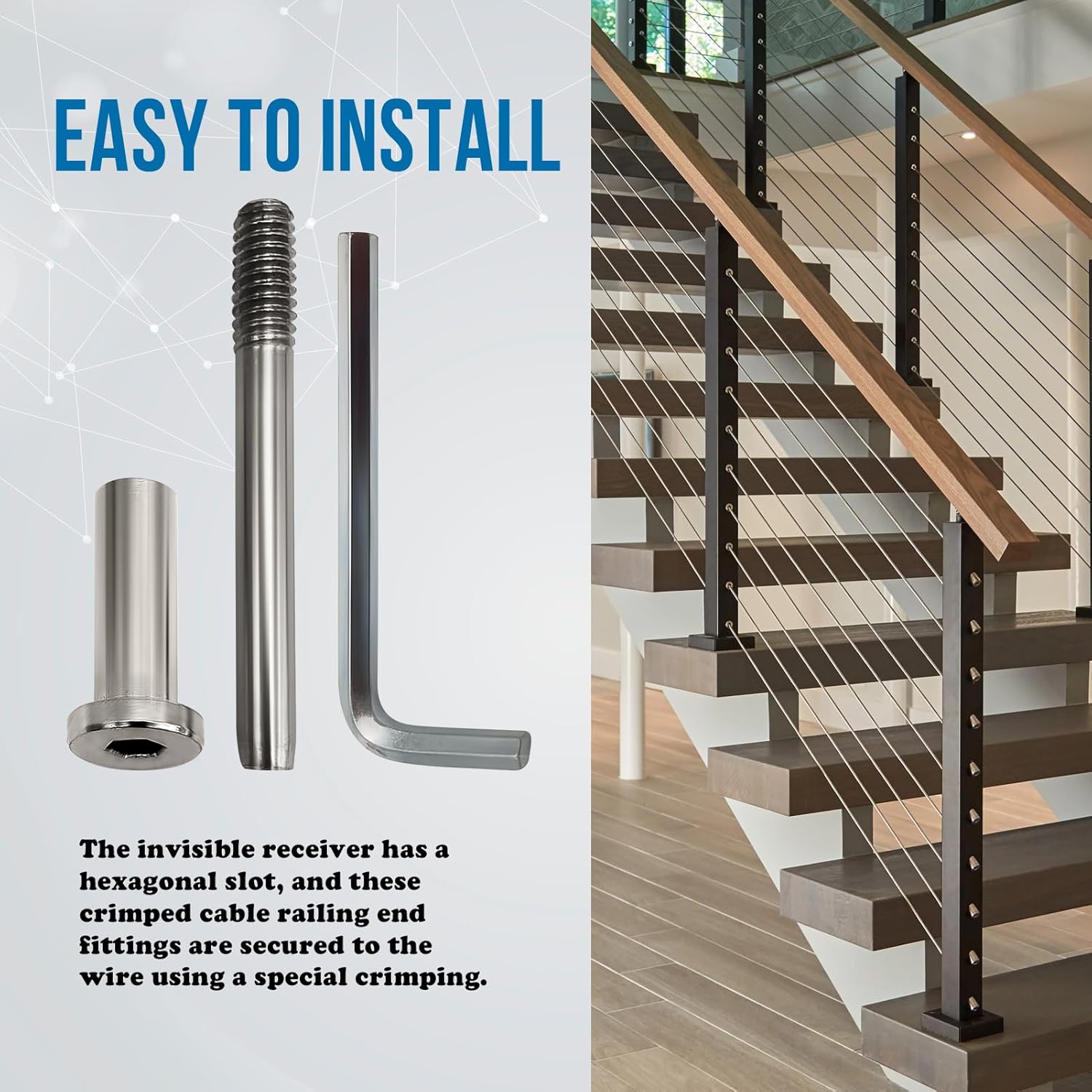 50 Pack Invisible Cable Railing Hardware,1/8" T316 Stainless Steel Invisible Receiver, Swage Tensioner 1/8" for Wood Metal Post Wire Railing Kit Deck Cable Railing Kit (Silver)