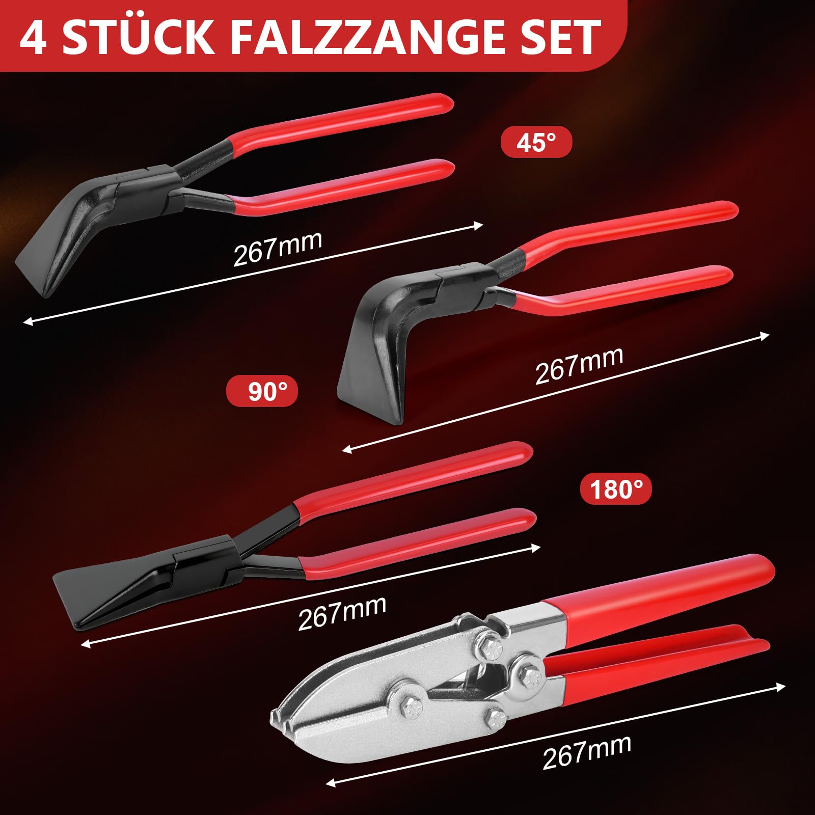 4 Stück Falzzange Set - mit 0° Falzzange & 45° Blechbiegezange & 90° Gerade Abgewinkelt Abkantzange & Rohrpresszange, Maulbreite 60 mm