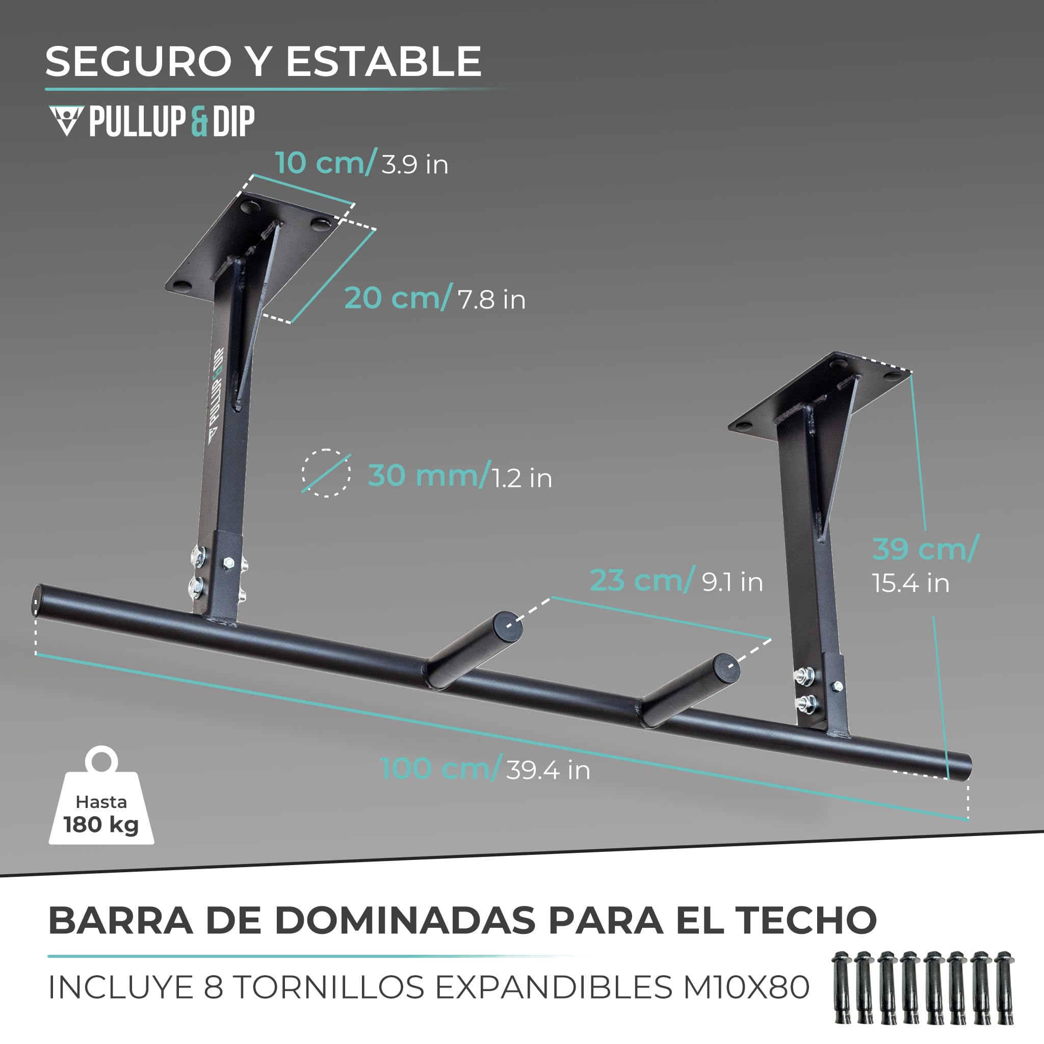 PULLUP & DIP Barra Dominadas para Montaje en Techo - Resistente Hasta 180 kg - Antideslizante 5 Posiciones de Agarre para Ejercicio y Dominadas en Casa - Ideal para Accesorios Gimnasio y Casa