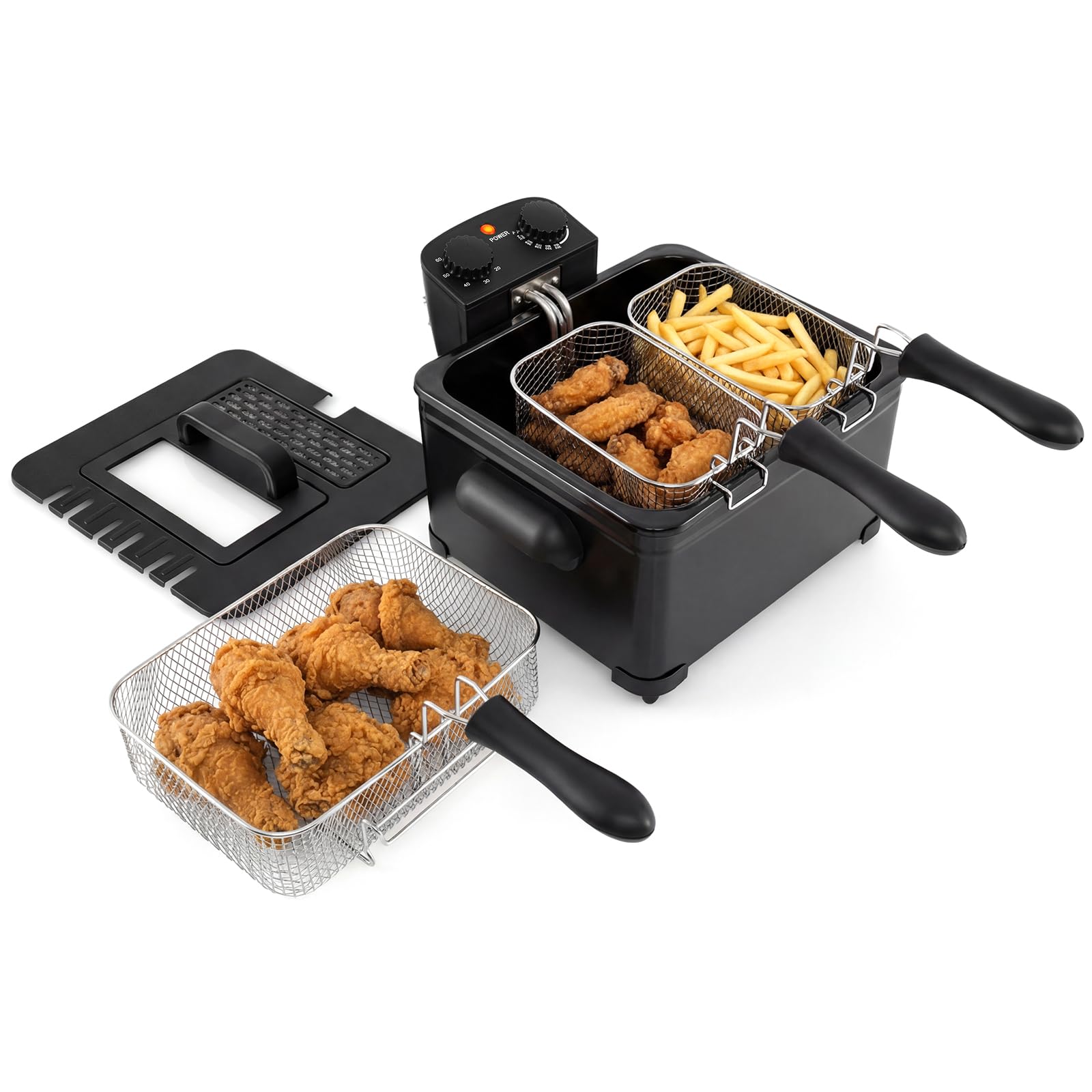 GIANTEX Freidora eléctrica de 2000 W con gran capacidad de 5 L, control de temperatura ajustable, 3 cestas desmontables, tapa con zona de visualización transparente, ideal para familias
