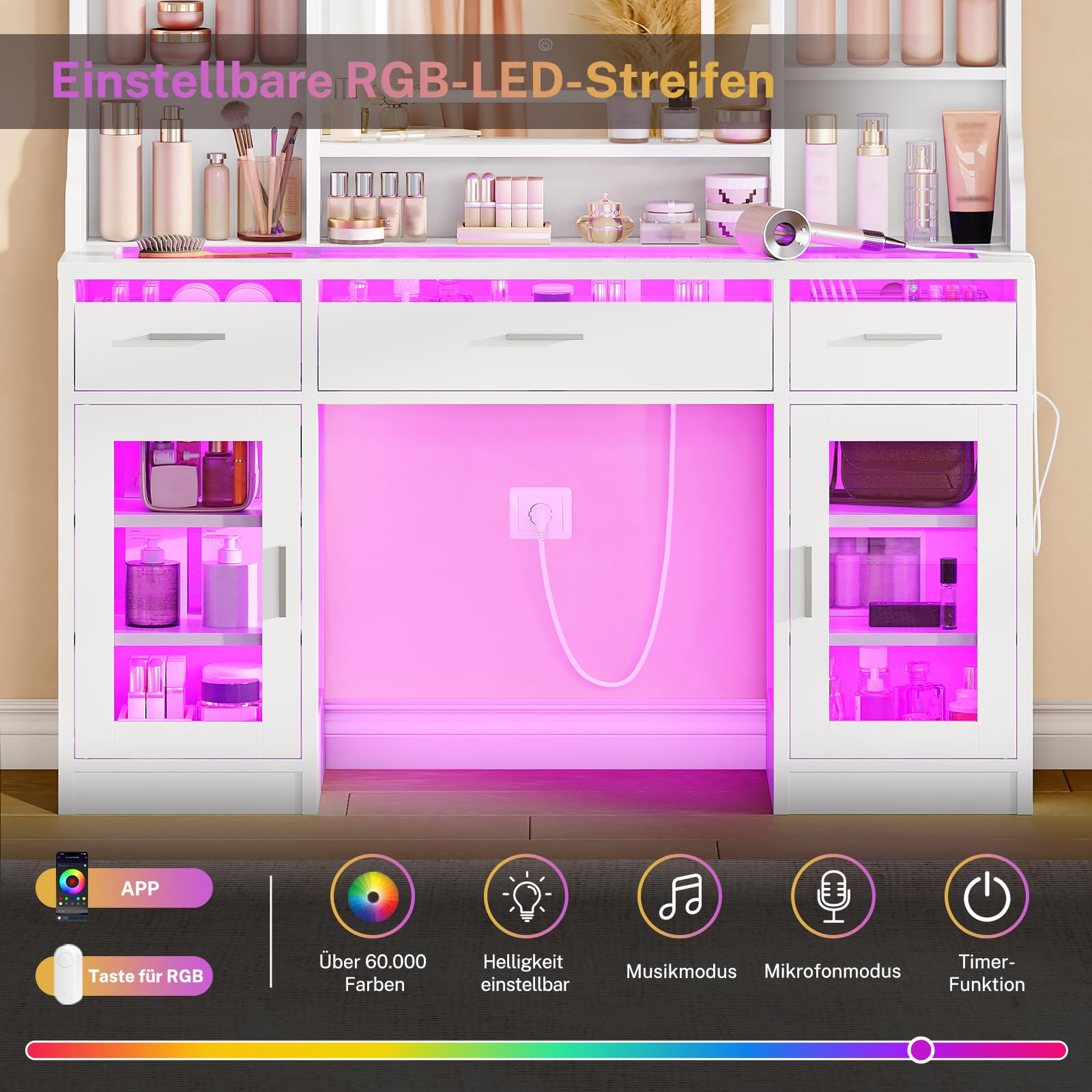 TEENFON Schminktisch mit Glasplatte, LED-Spiegel und RGB-Lichtleiste, Helligkeit Einstellbar, 3 Schubladen und 2 Schränke, inklusive Steckdosen, Für das Schlafzimmer, Weiß