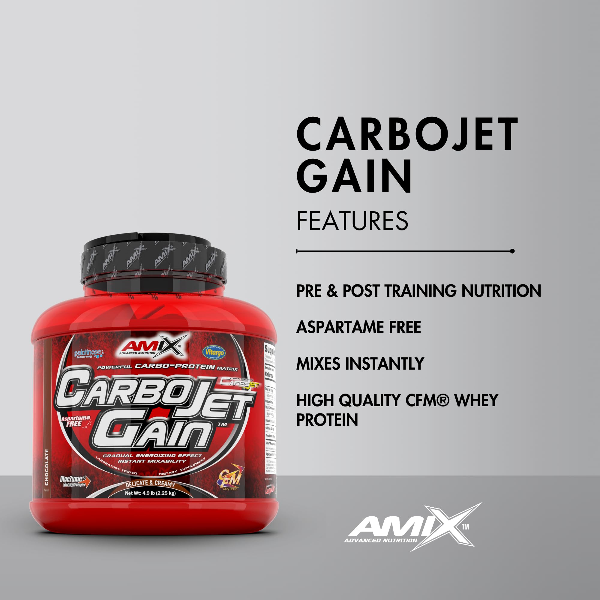 AMIX - Proteína en Polvo Carbojet Gain - Suplemento con Hidratos de Carbono -Proteína para Ganar Masa Muscular - Ideal para Atletas de Élite - Sabor Chocolate - 2,25 KG