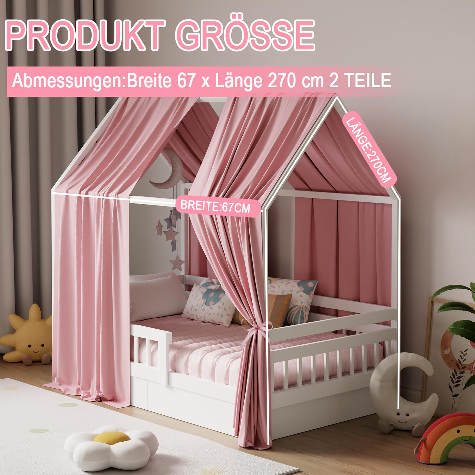 Hausbett Himmel, Betthimmel Hausbett Musselin mit 2 Stück Betthimmel, Stoffhimmel für Hausbetten Mädchen Jungen Baldachin Kinderbett Kinderzimmer Deko -67 x 270 cm Rosa